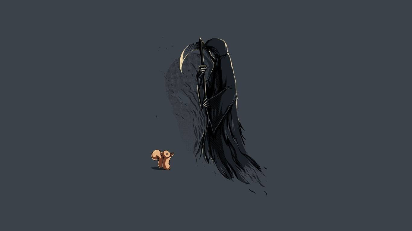 black color, animals in the wild, death, nature, animal wildlife, scythe, copy space, squirrel, minimalism, metal, one animal, bird, vertebrate, black background, HD Wallpaper