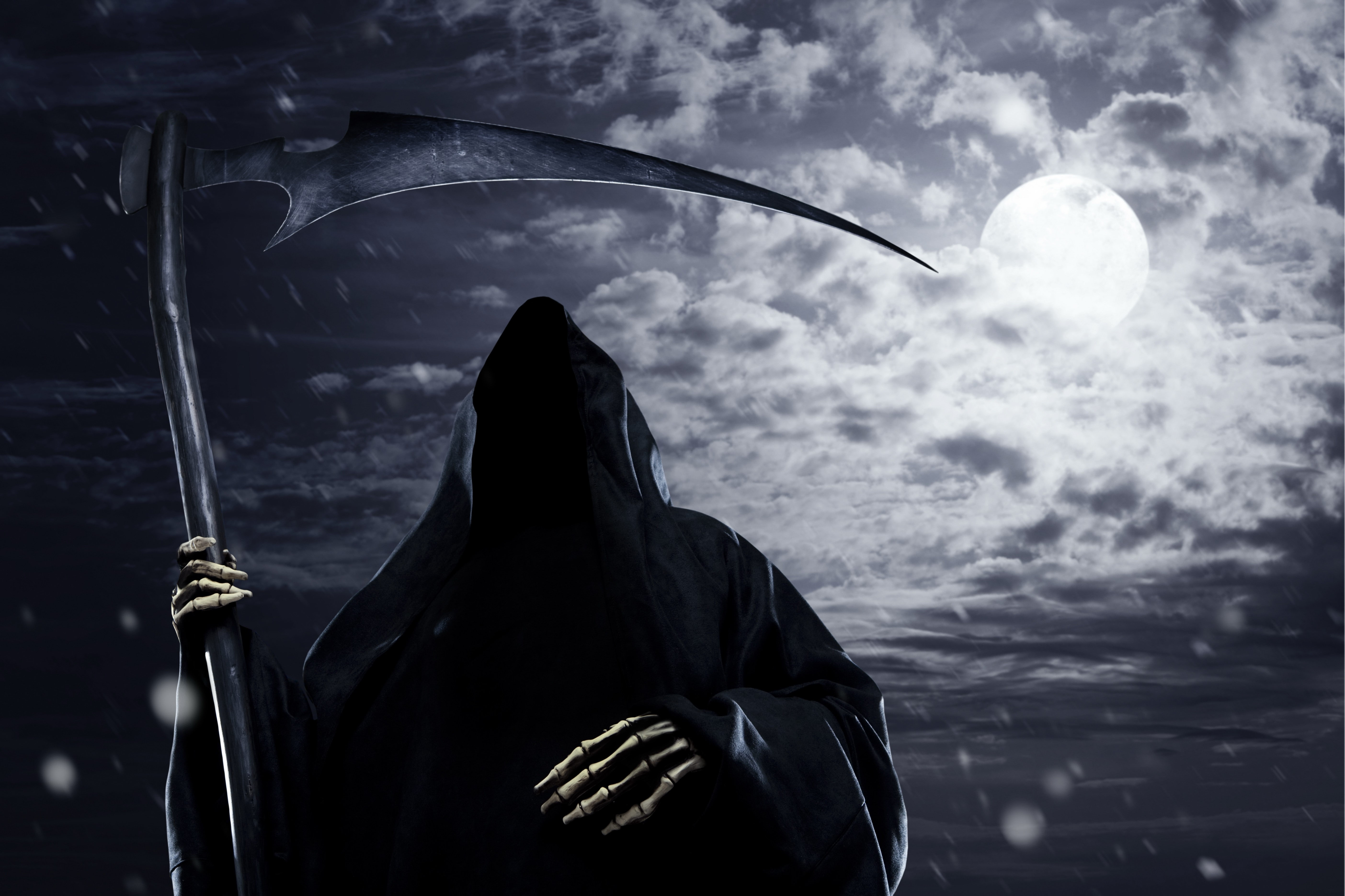 5K, rain, Grim Reaper, scythe, clouds, Moon, HD Wallpaper