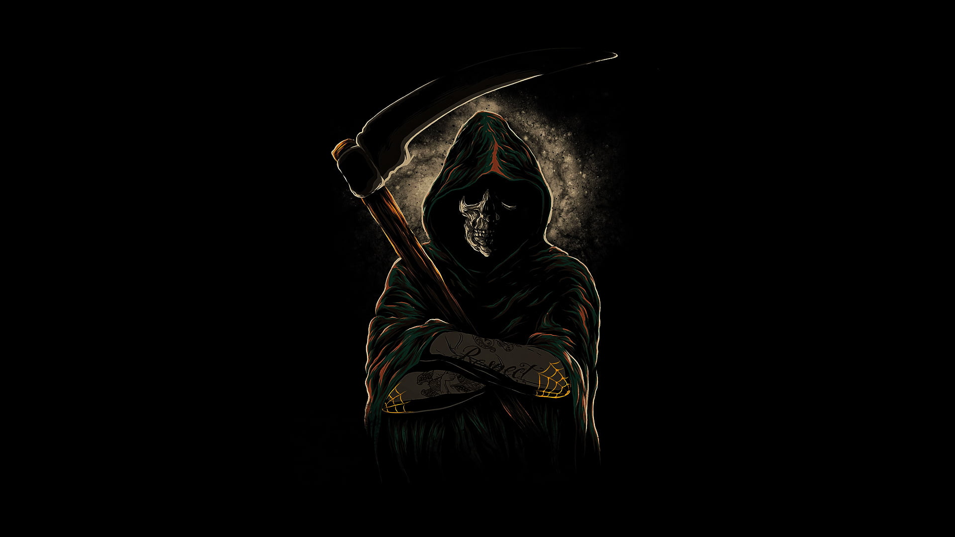 real people, grim, standing, front view, dark, illuminated, clothing, hood, reaper, indoors, three quarter length, men, graphic, 1080P, light - natural phenomenon, HD Wallpaper