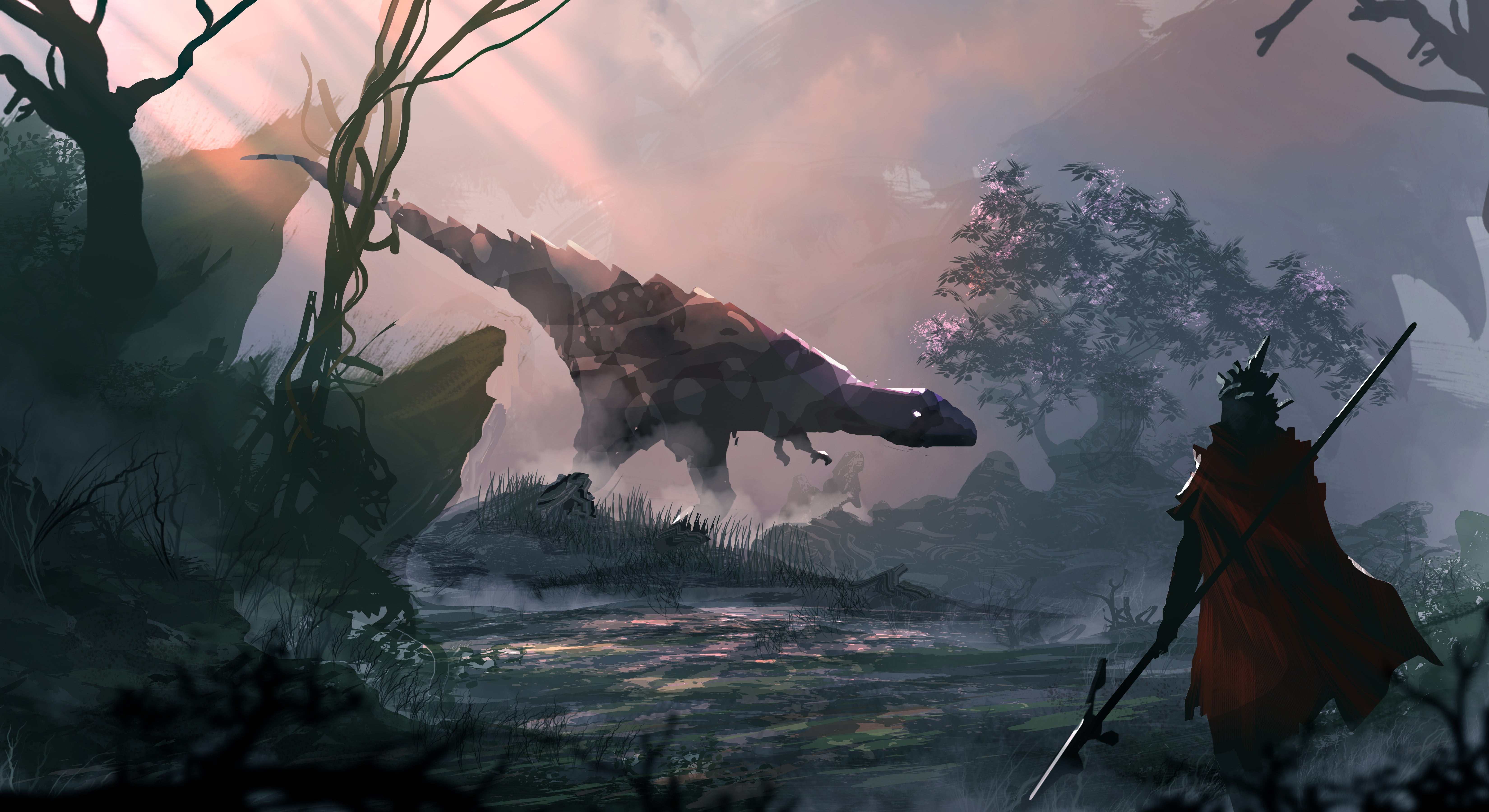mist, samurai, character, beauty in nature, belief, dinosaur, tree, battle, male likeness, outdoors, nature, sky, spirituality, cloud - sky, sculpture, HD Wallpaper