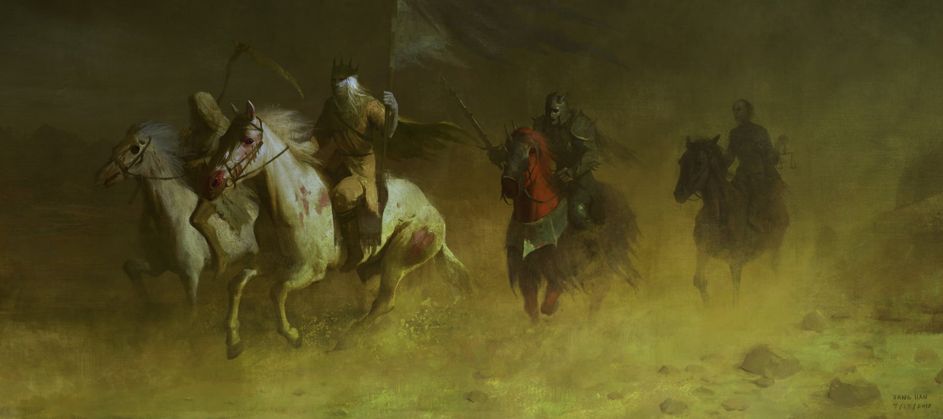 fantasy art, dark fantasy, mask, warrior, Four Horsemen of the Apocalypse, horse, 1080P, army, war, digital art, flag, king, HD Wallpaper