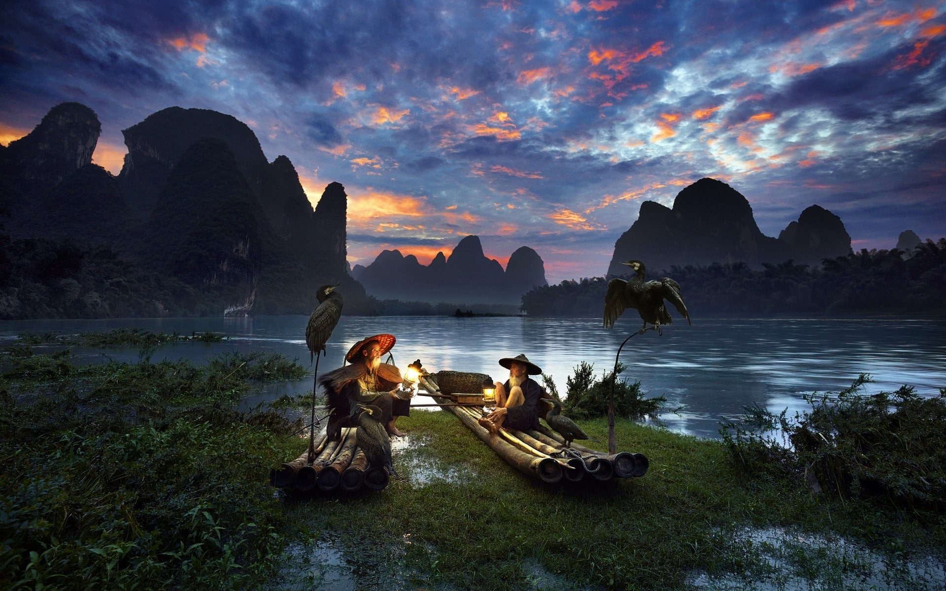 river, trees, plants, 1080P, boat, birds, mountains, landscape, lantern, old people, nature, water, China, men, fishermen, sunset, clouds, beards, HD Wallpaper