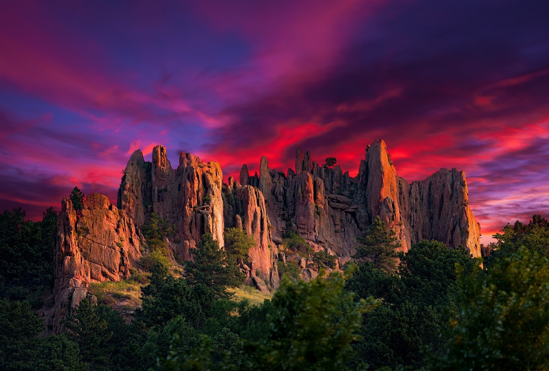 rock formation, colorful, tree, travel destinations, tranquil scene, non-urban scene, cloud - sky, mountain, beauty in nature, outdoors, 1080P, scenics - nature, HD Wallpaper