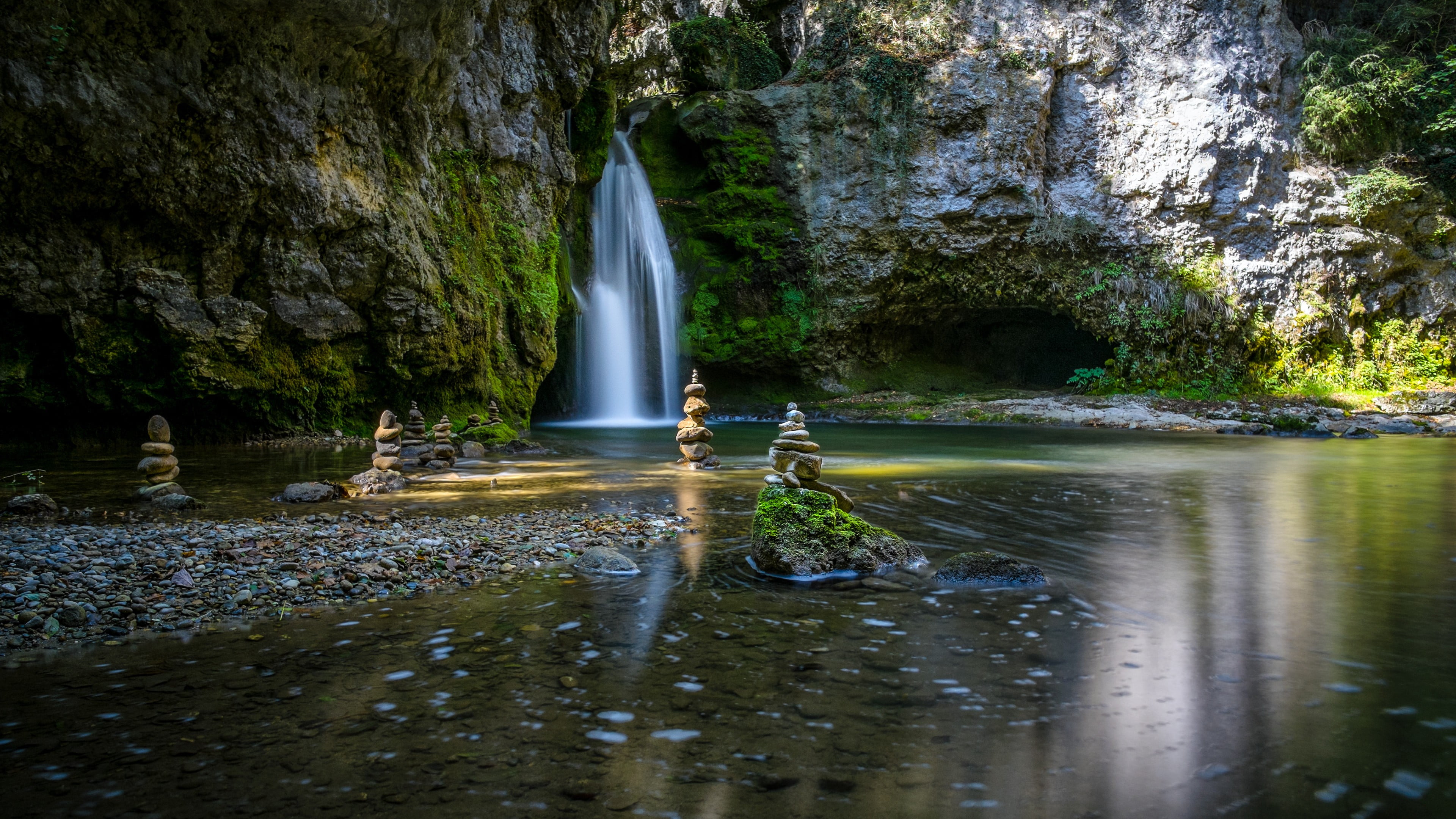 blurred motion, stones, beauty in nature, no people, reflection, rock, solid, stone, cairn, rock formation, falls, waterfall, plant, 4K, scenics - nature, HD Wallpaper