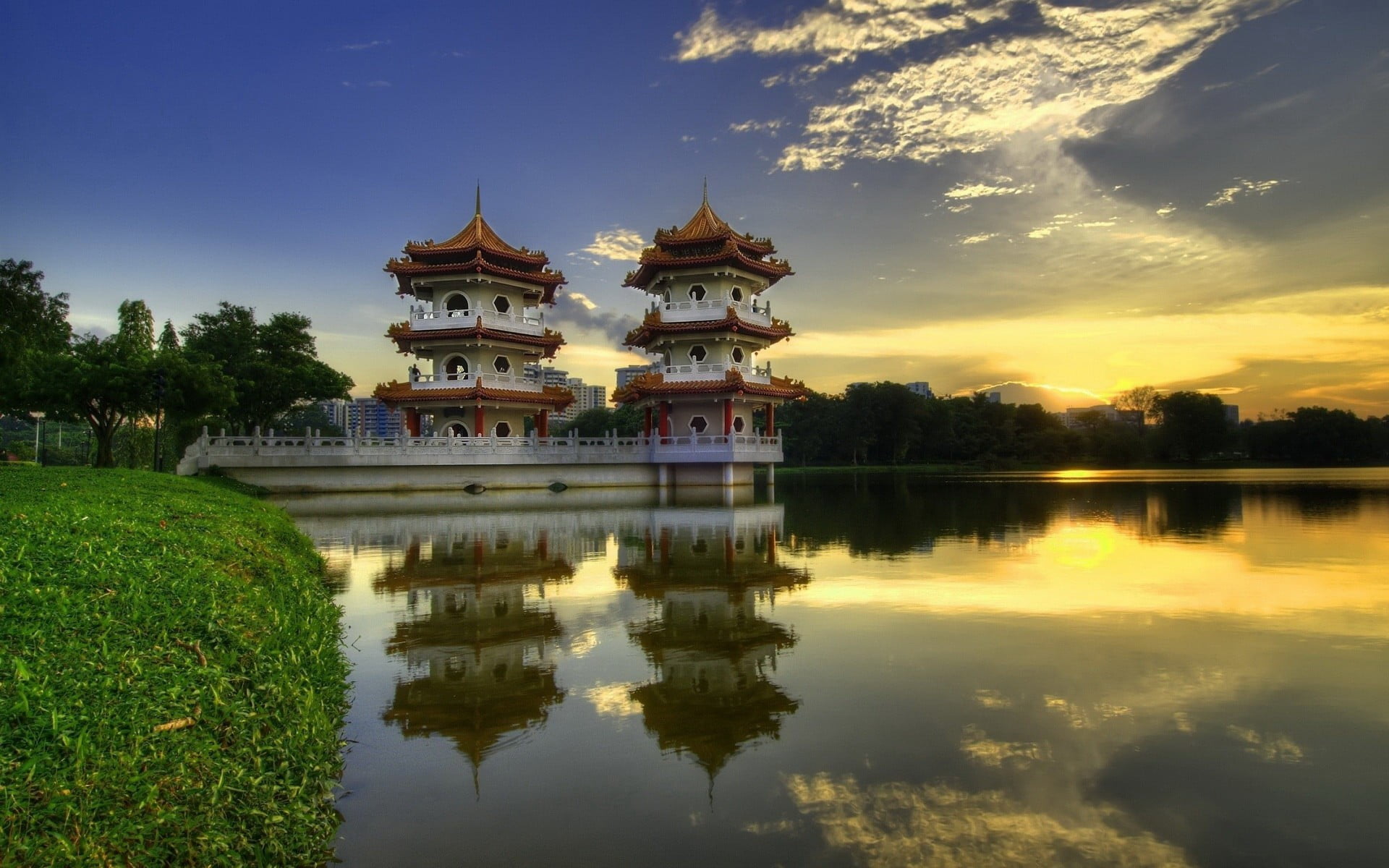 no people, tree, place of worship, reflection, belief, built structure, outdoors, architecture, sky, building exterior, plant, Chinese garden, building, HD Wallpaper