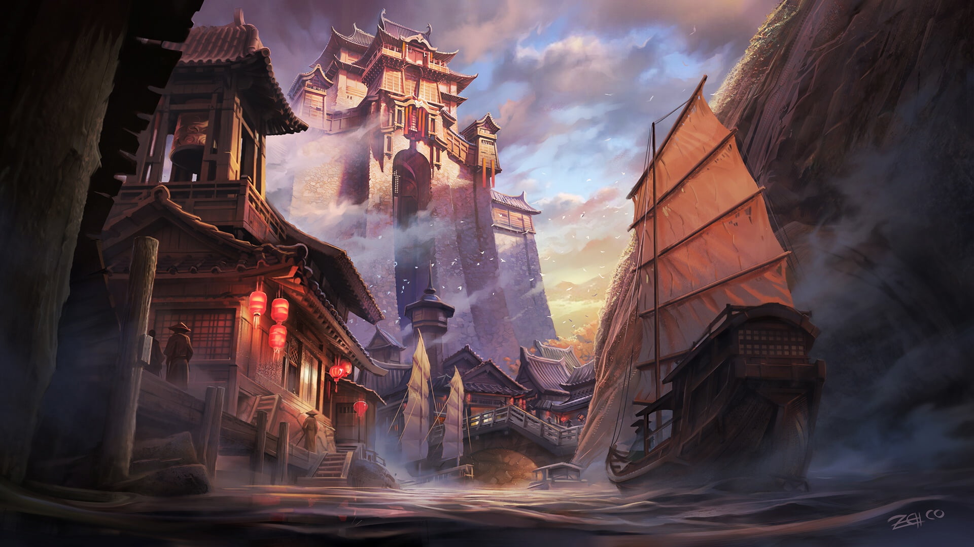 ship, fantasy art, fantasy city, Asia, Chinese architecture, palace, 1080P, artwork, HD Wallpaper