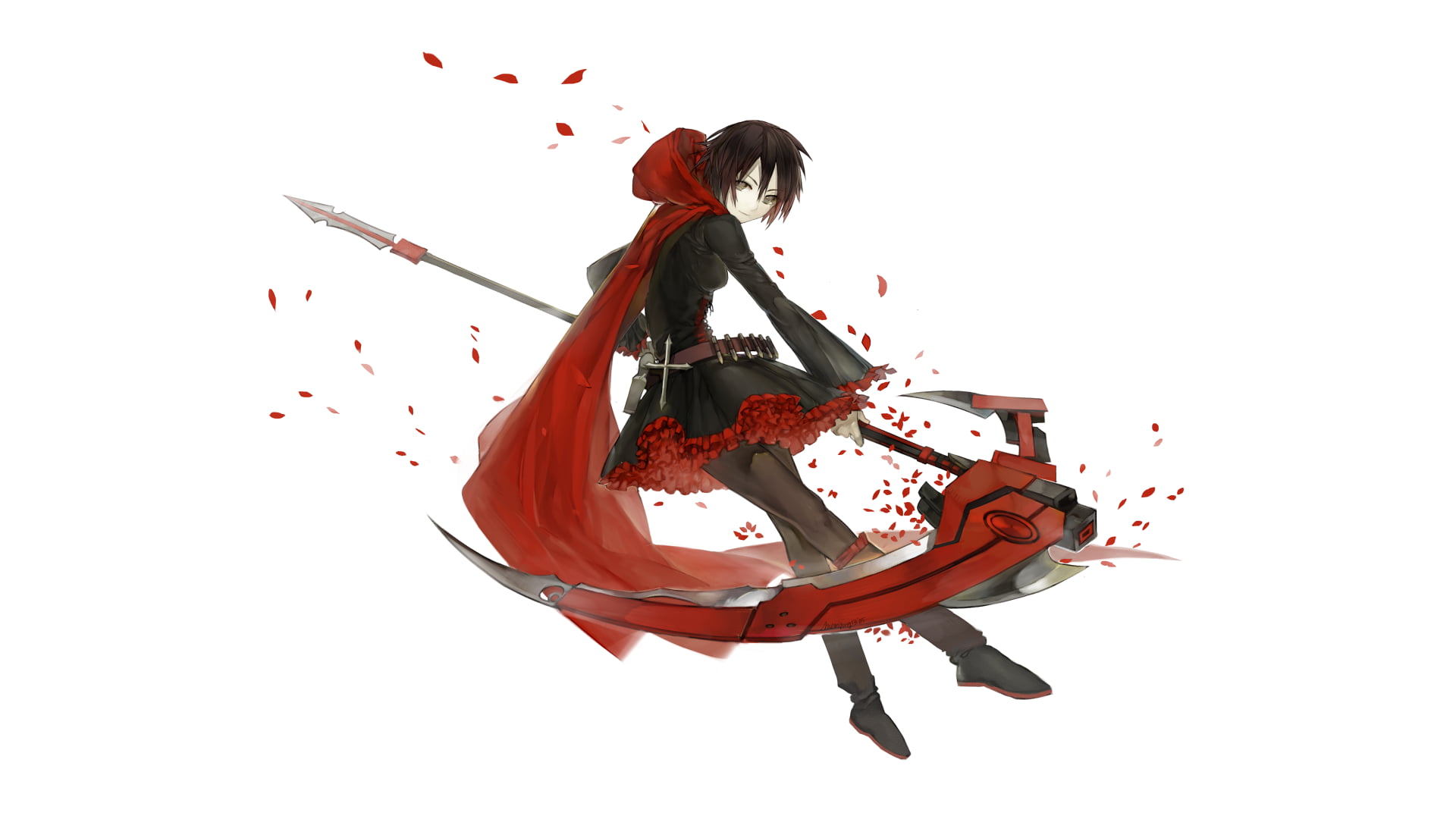 hairstyle, young adult, leisure activity, Ruby Rose (character), side view, 1080P, RWBY, full length, adult, women, holding, white background, HD Wallpaper