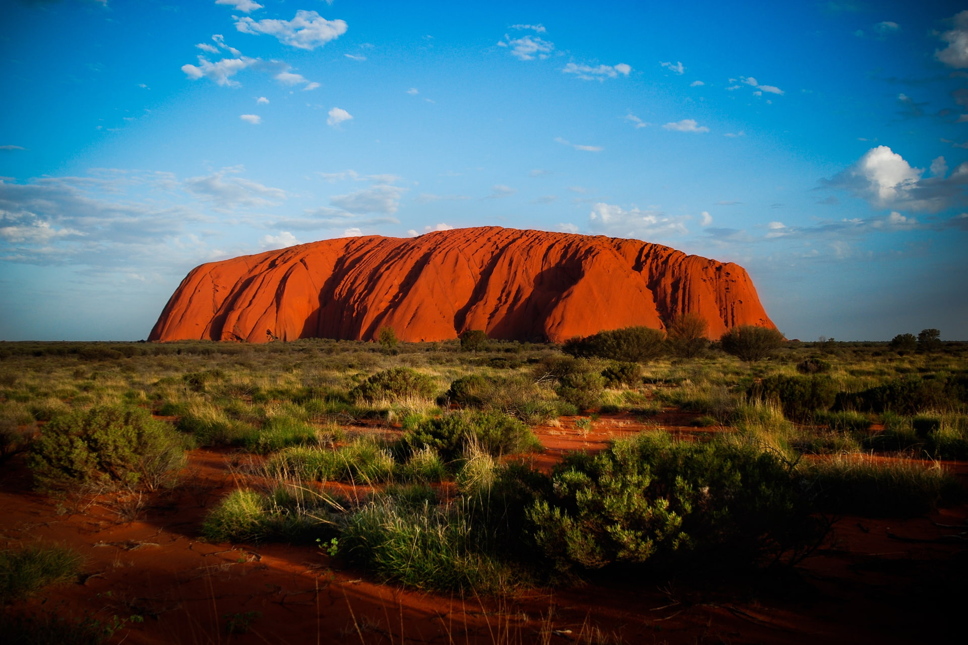 solid, cloud - sky, formation, 1080P, day, beauty in nature, rock - object, environment, Mount Uluru, landscape, tranquil scene, non-urban scene, nature, HD Wallpaper