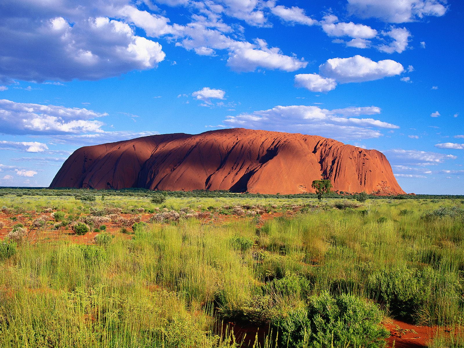 travel destinations, landscape, grass, rock, tranquil scene, uluru ayers rock, land, 720P, no people, semi-arid, green, scenics - nature, australia, HD Wallpaper