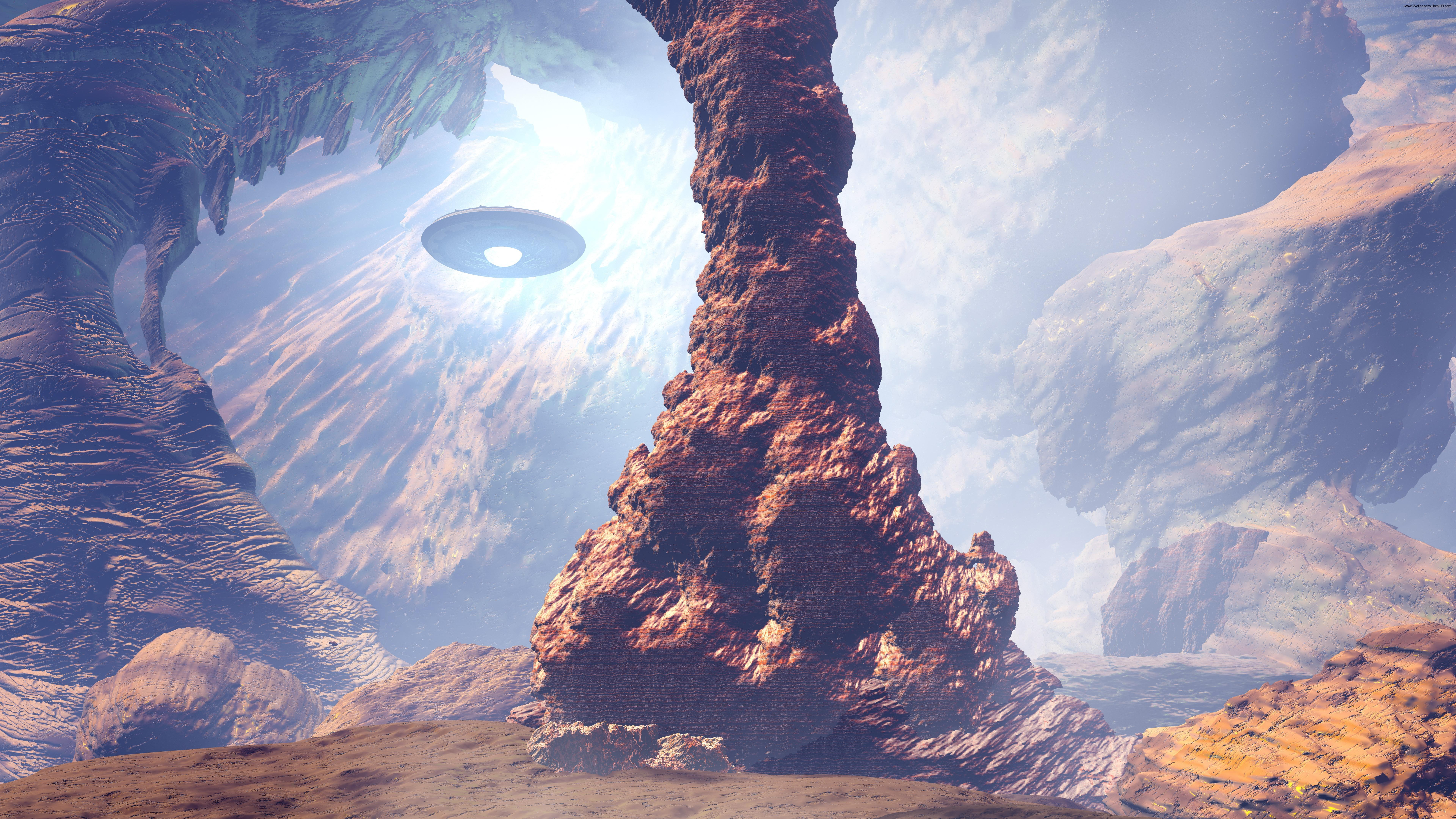 rock, 8K, canyon, fantasy landscape, sandstone, fantasy art, atmosphere, ufo, HD Wallpaper