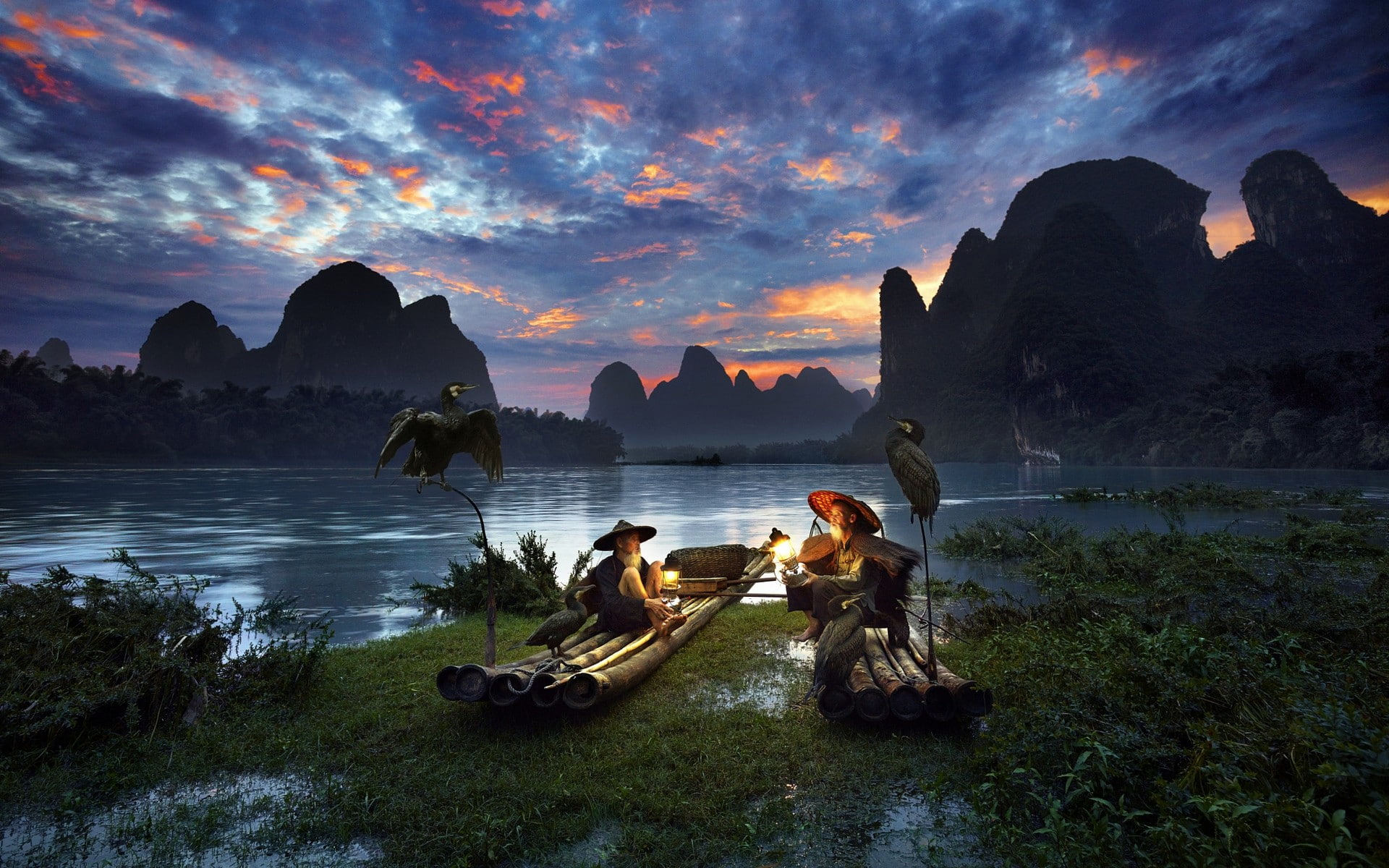 China, clouds, river, boat, mountains, sky, 1080P, shrubs, trees, nature, birds, landscape, lights, men, Guilin, HD Wallpaper