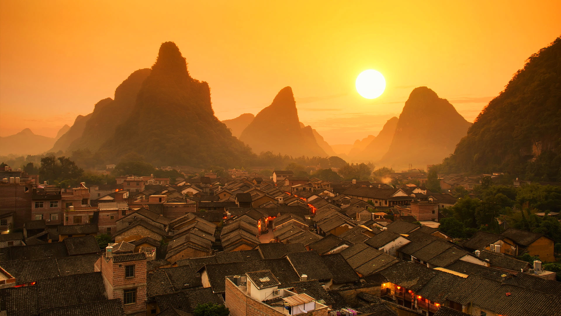 1080P, home, mountains, roof, sunset, landscape, Guilin, China, HD Wallpaper