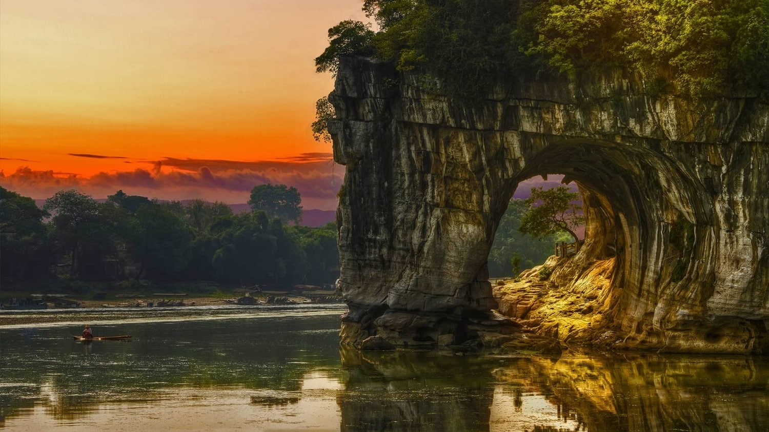rock, nature, China, reflection, shrubs, trees, Guilin, boat, water, lake, sunset, sky, arch, 720P, landscape, HD Wallpaper
