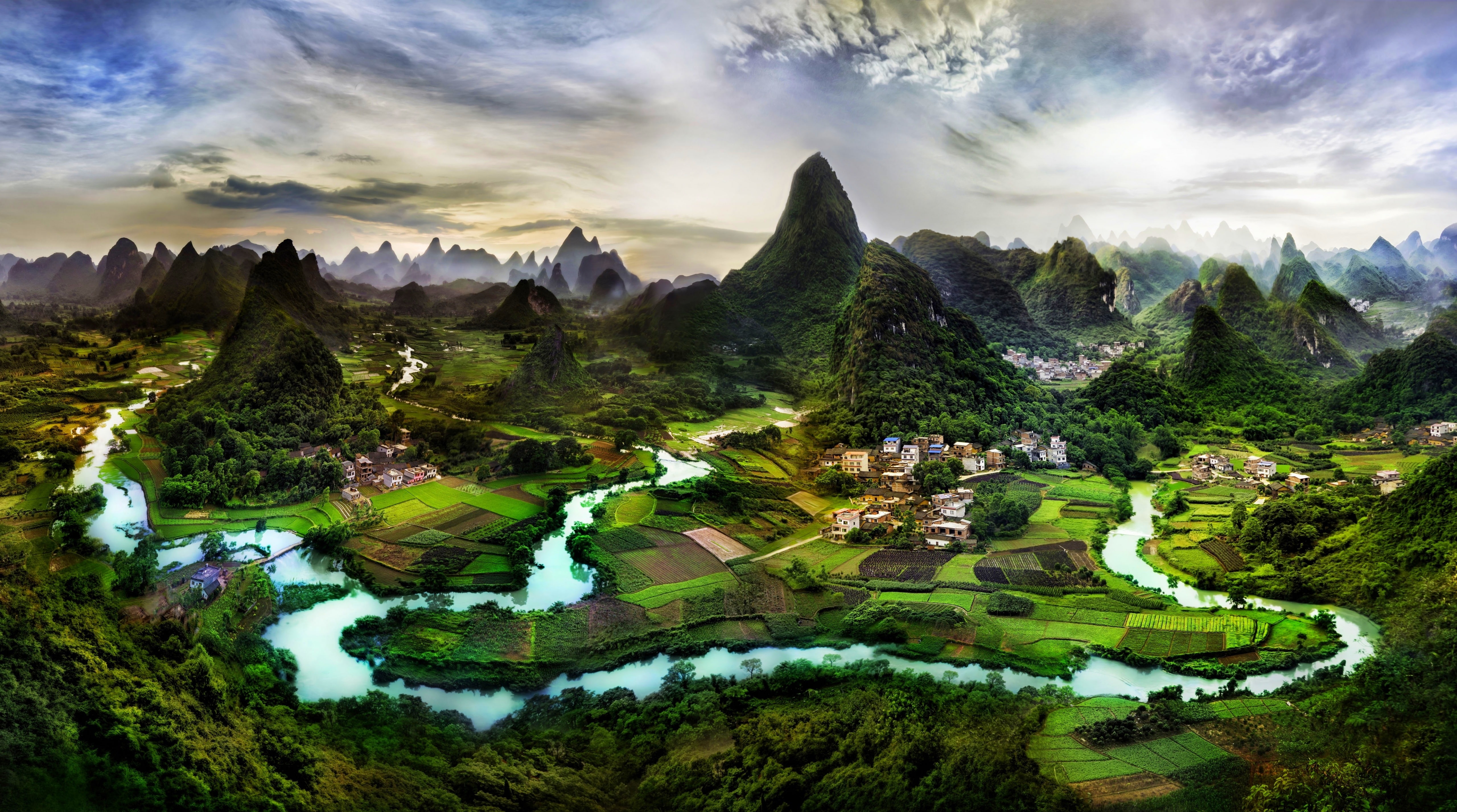 outdoors, China, green, tranquility, landscape, high angle view, building, sky, trees, tranquil scene, Guilin, no people, mountain, plant, cloud - sky, HD Wallpaper