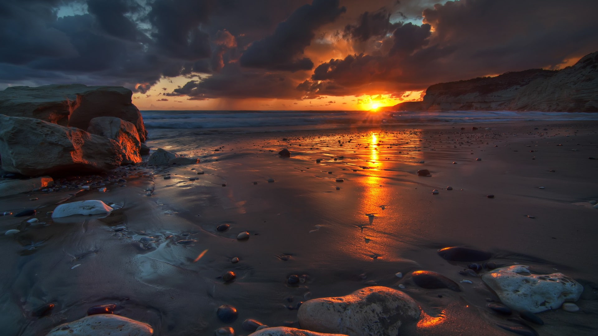 water, waves, beach, sea, sand, cliff, stones, nature, clouds, 1080P, sunset, landscape, reflection, rock, HD Wallpaper