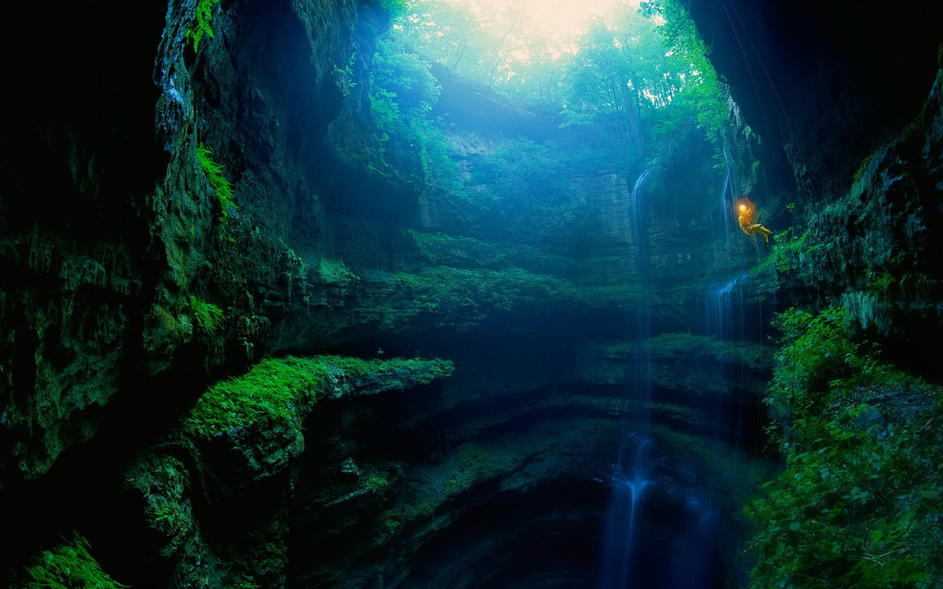 mist, landscape, 1080P, spelunking, climbing, limestone, moss, waterfall, pit, cave, trees, ferns, wall, nature, green, HD Wallpaper