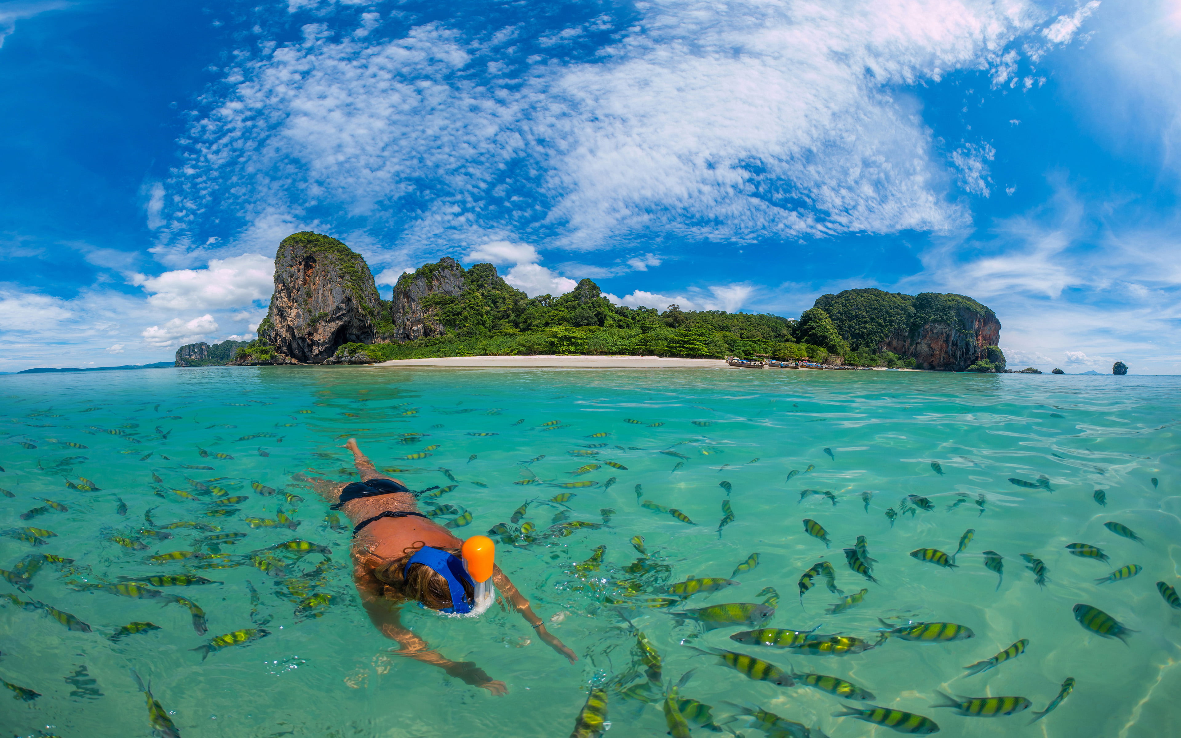 beauty in nature, exotic, mangrove, turquoise colored, adventure, diving, phi, sea, limestone, lifestyles, nature, koh, leisure activity, snorkeling, HD Wallpaper