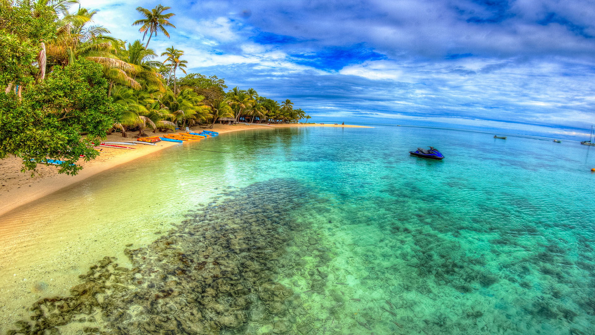 island, desktop, green, boats, beach, trees, ultra, turquoise, water, ocean, hd, tropical, sandy, 1080P, palm, HD Wallpaper
