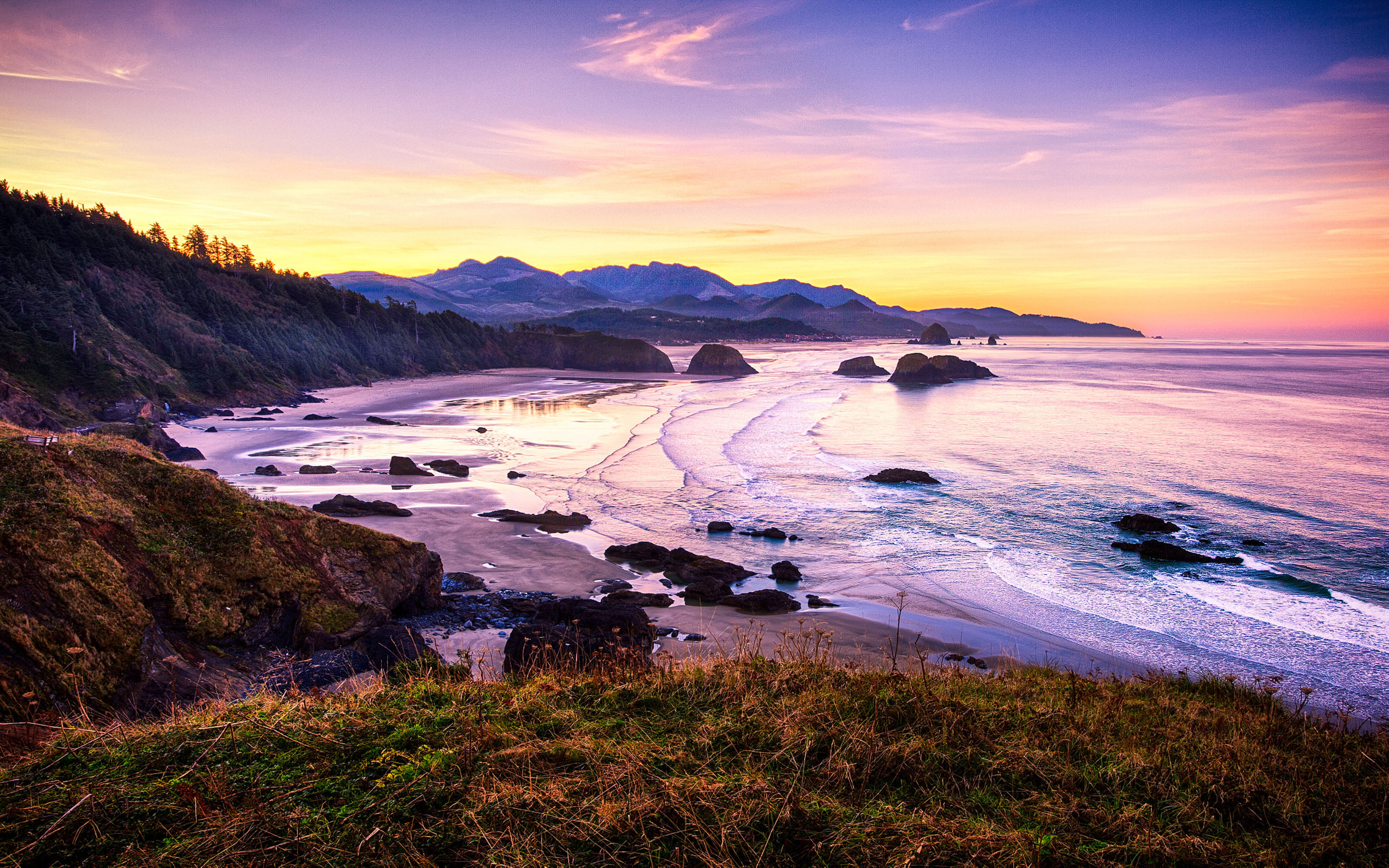 photography, nature, beach, mountain, non-urban scene, land, desktop, idyllic, scenics - nature, no people, ecola, rock, tranquility, sunset, hd, 4K, usa, HD Wallpaper
