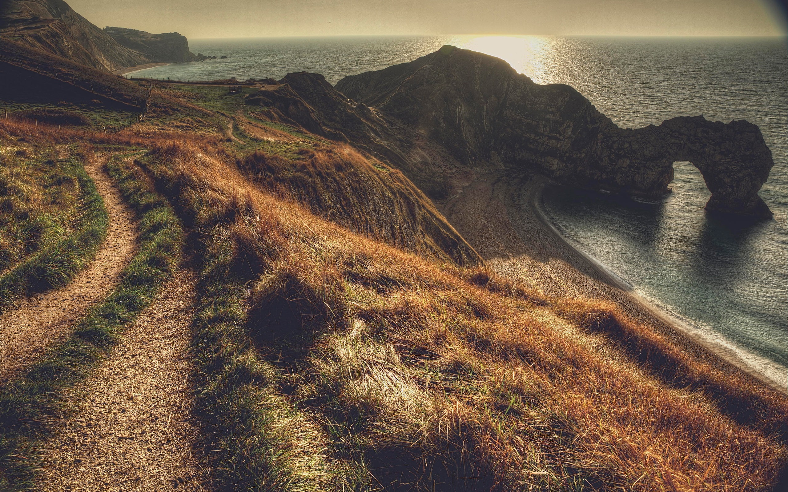 Dusk, Coast, green, West, brown, Durdle, Grass, South, England, Dorset, Door, 2K, HD Wallpaper
