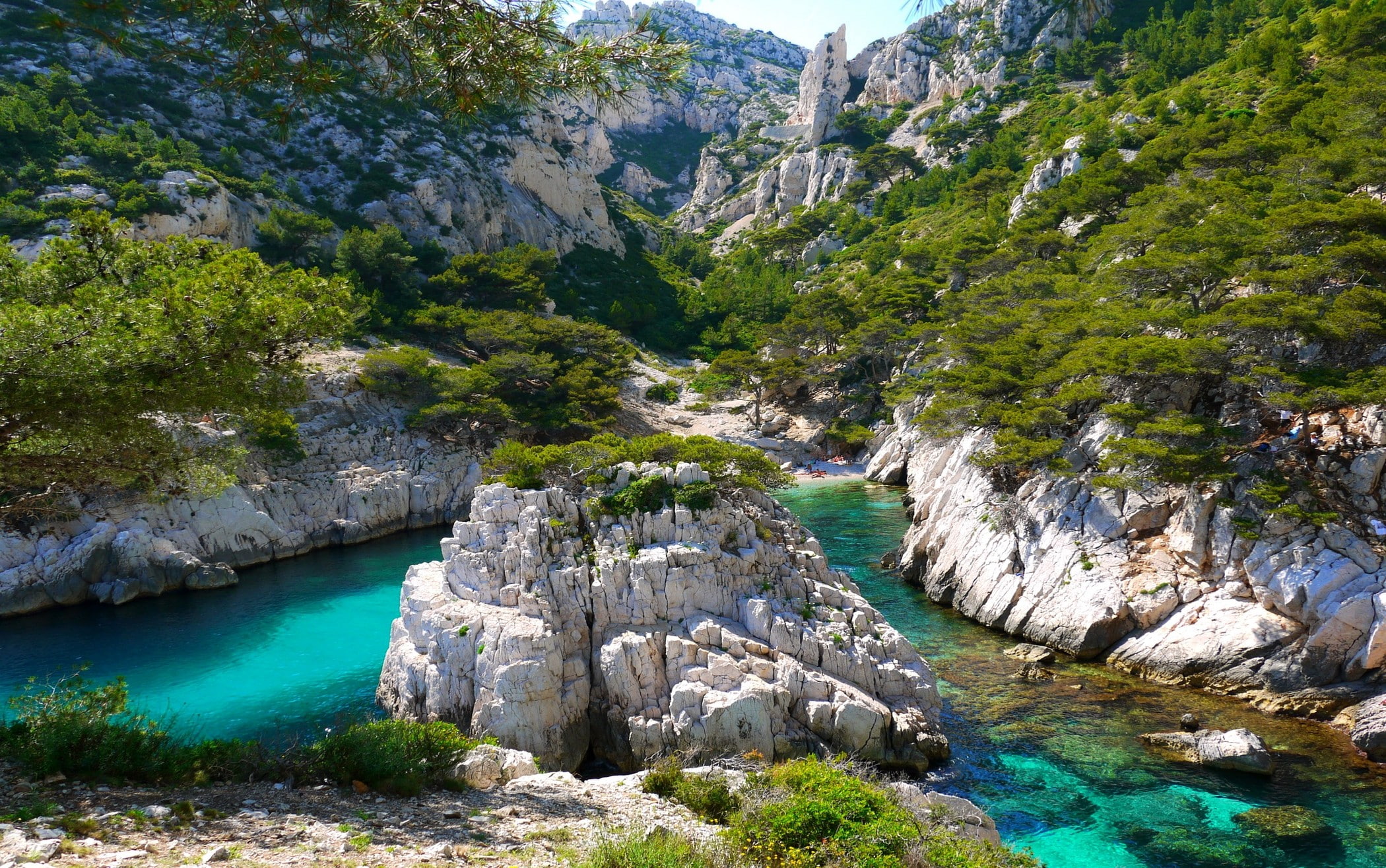 summer, water, nature, France, coves, rock, trees, landscape, beach, mountains, limestone, turquoise, 1080P, HD Wallpaper