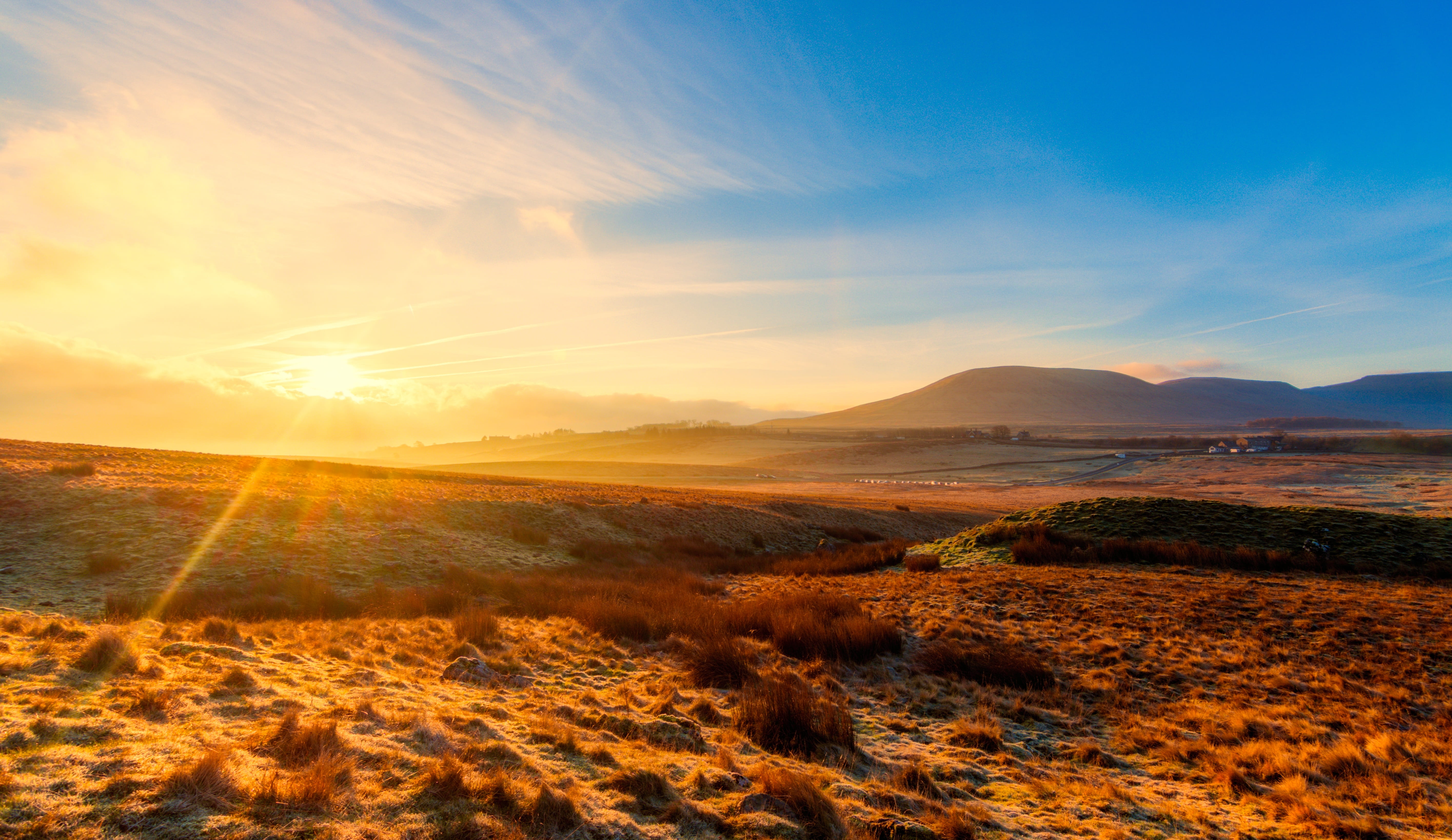 countryside, 5K, dramatic sky, beauty in nature, brown, sun up, fells, no people, golden hour, limestone, light, semi-arid, ingleton, tranquil scene, blue sky, HD Wallpaper