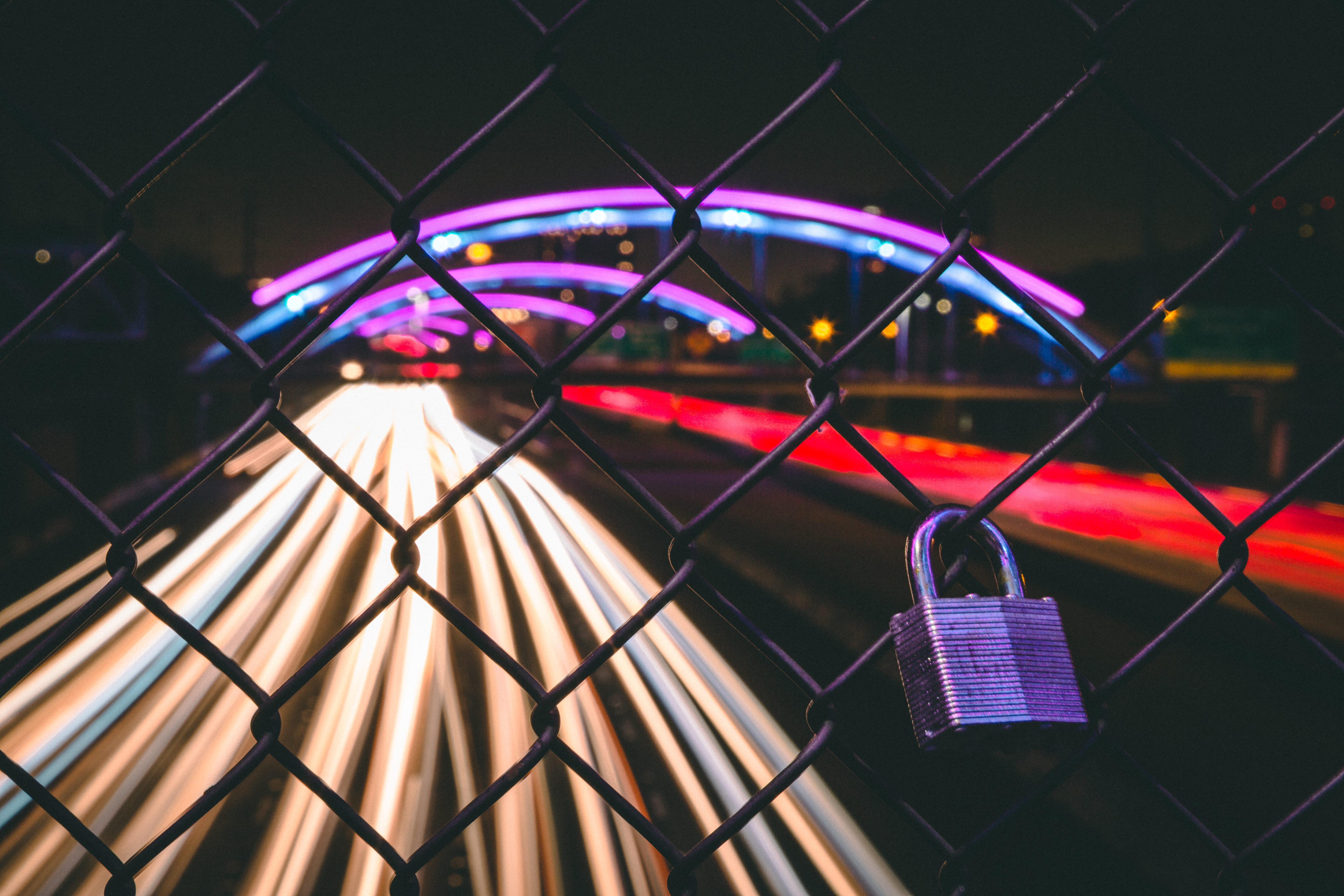 padlock, lights, love, pretty, illuminated, key, photography, cars, houston, link, street, fence, lighting equipment, metal, running, outdoors, neat, 5K, HD Wallpaper