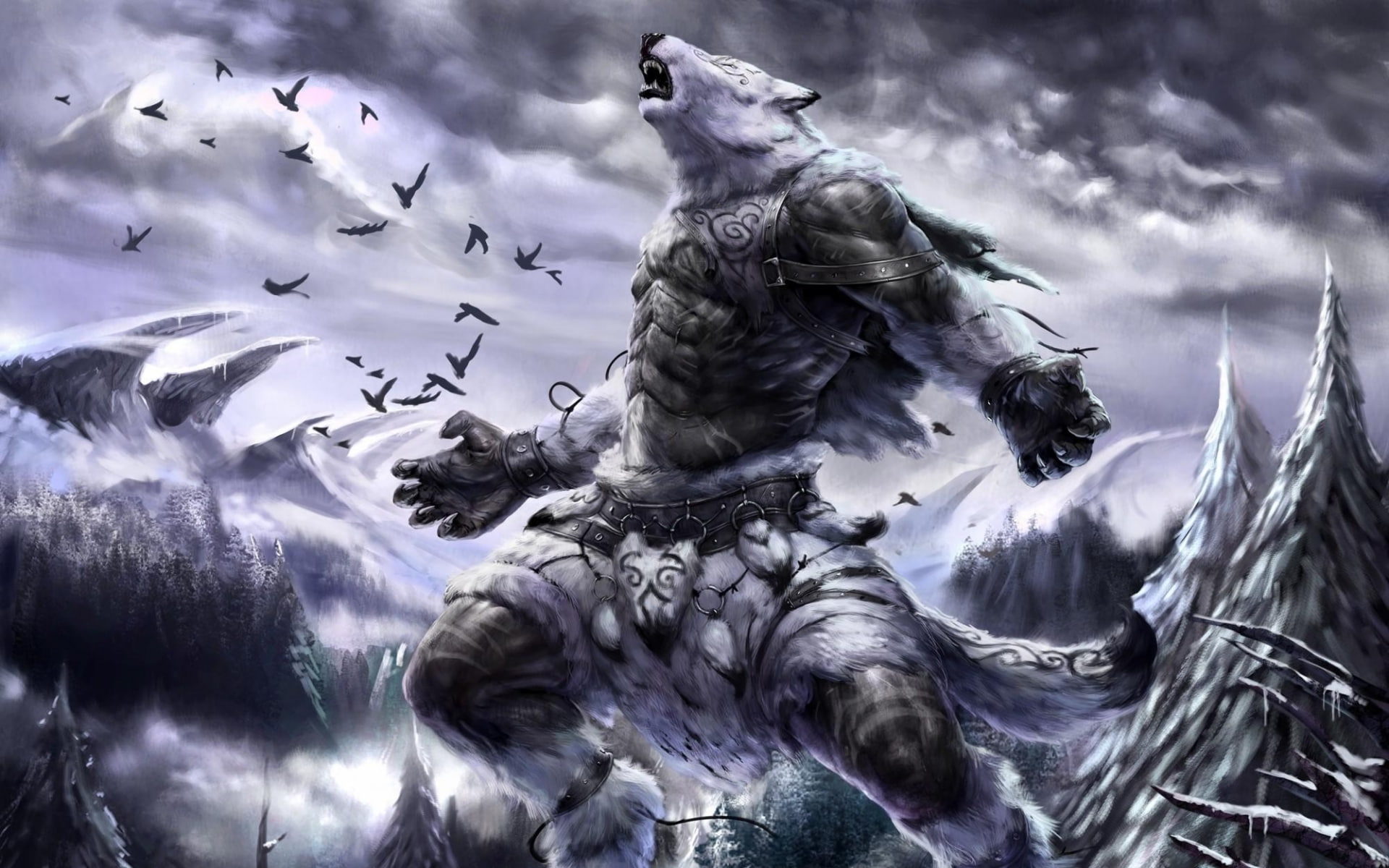 lymronia, snow, art, forest, monster, armor, howling, birds, fantasy, 1080P, mountains, werewolf, sky, landscapes, animal, bears, fur, winter, HD Wallpaper