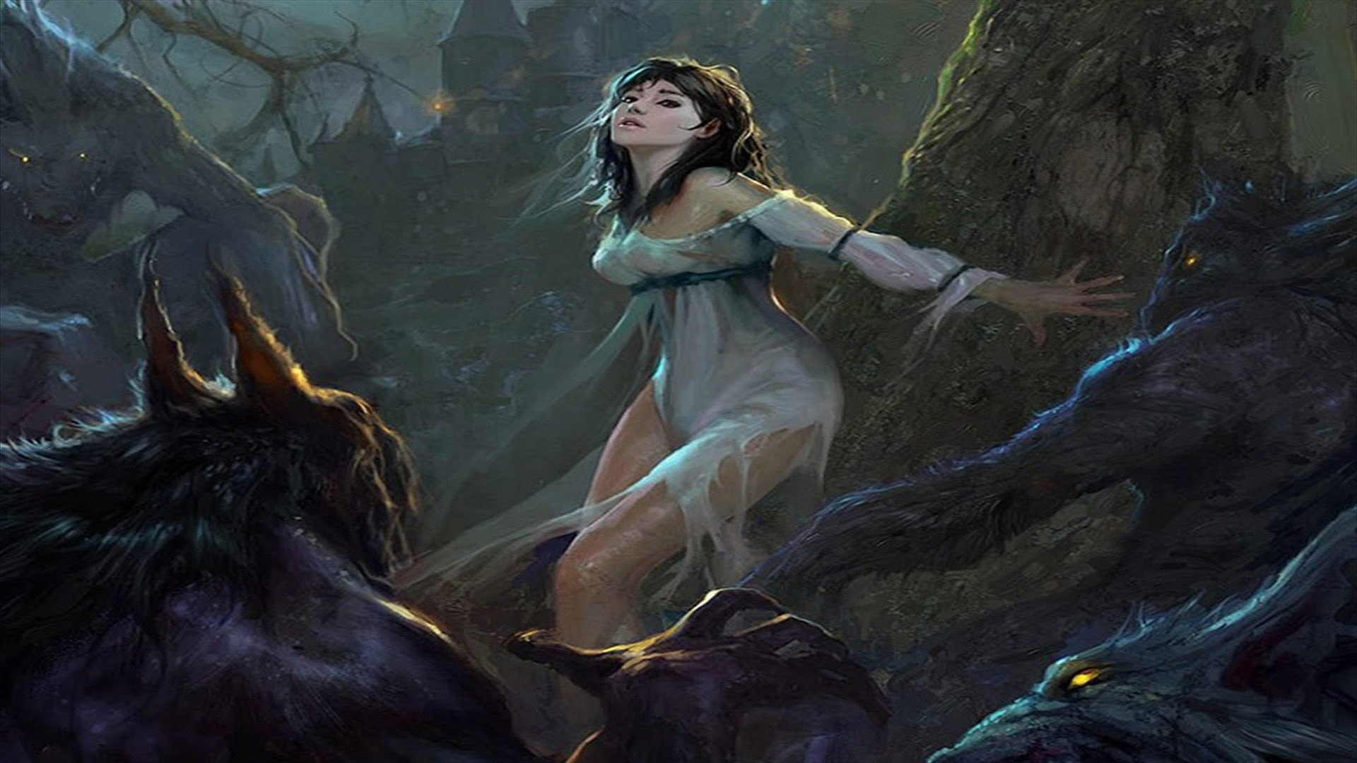 dress, Werewolf, woman, animated, 1080P, hunted, woods, white, Dark, HD Wallpaper