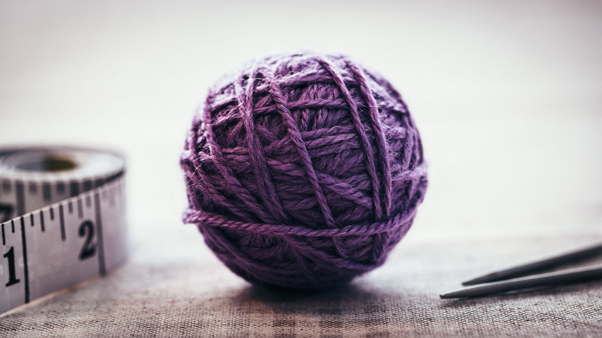 craft, material, still life, indoors, thread, sphere, knitting needle, creativity, wool, knitting, simplicity, 1080P, studio shot, purple, textile, ball of wool, HD Wallpaper