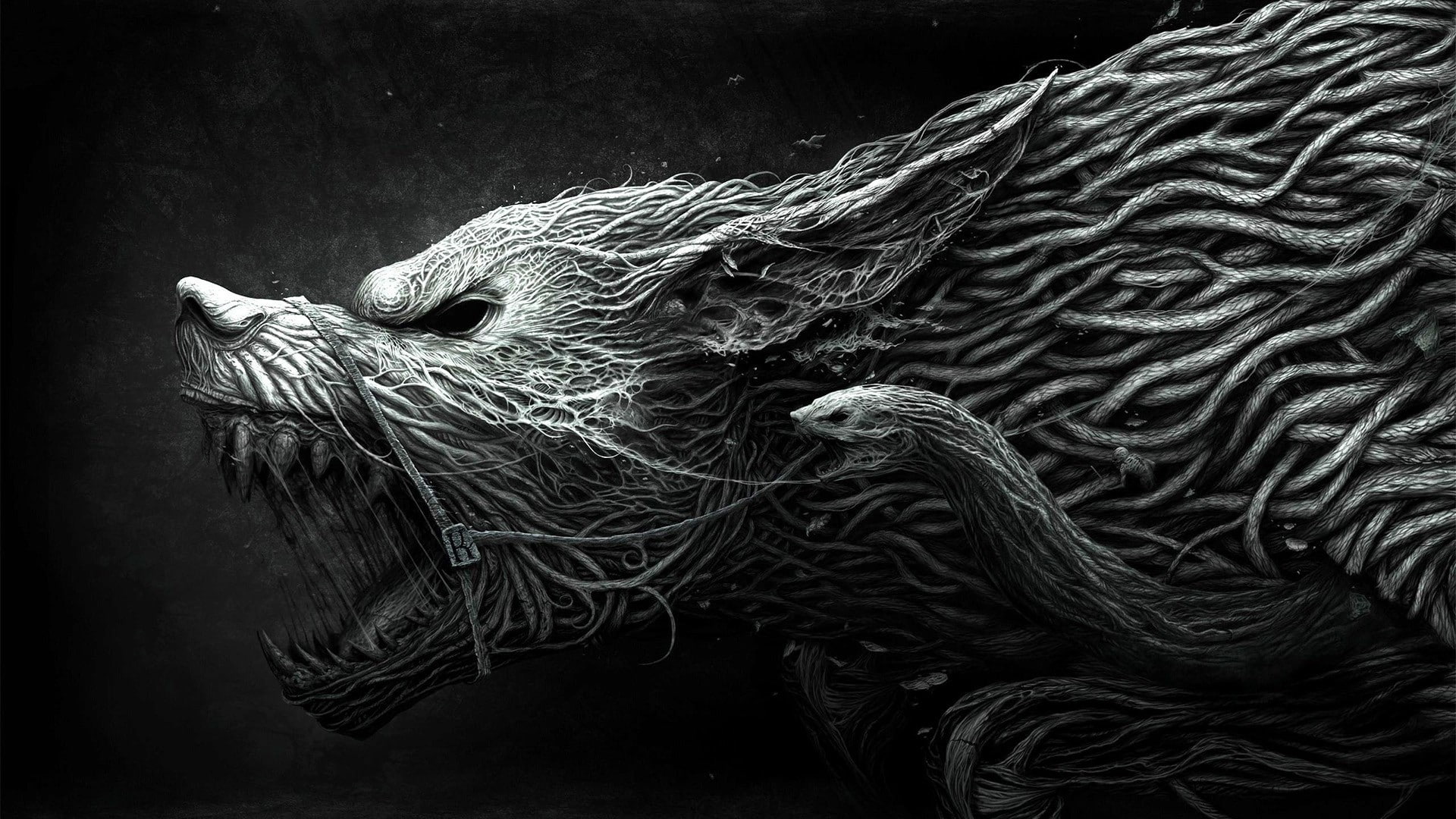 fantasy art, simple background, snake, horror, digital art, Werewolf, roots, creature, wolf, monochrome, dark fantasy, 1080P, HD Wallpaper