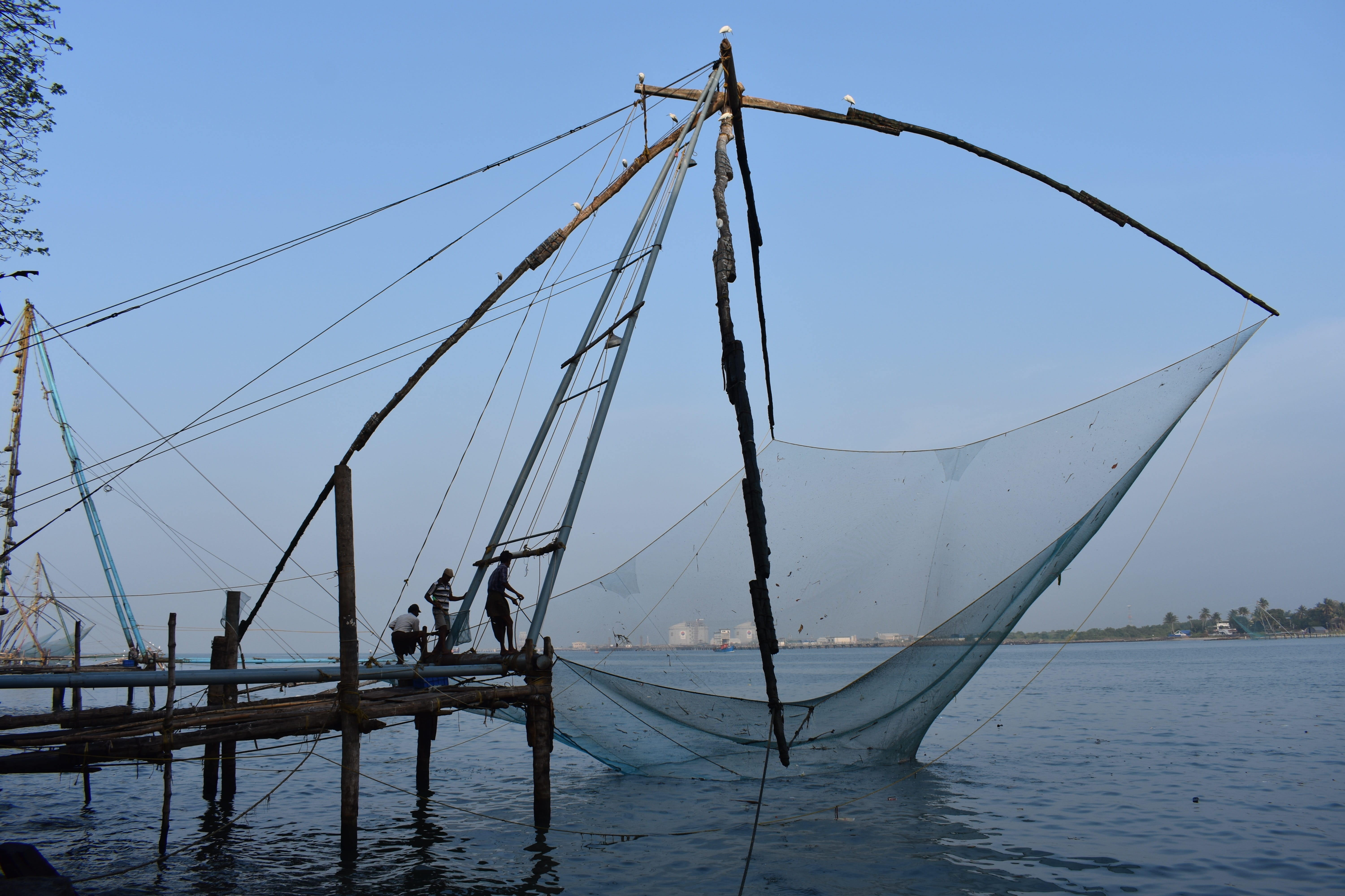 clear sky, mode of transportation, india, asia, waterfront, chinese fishing nets, fishing industry, cochin, sailing, outdoors, no people, travel, nature, HD Wallpaper
