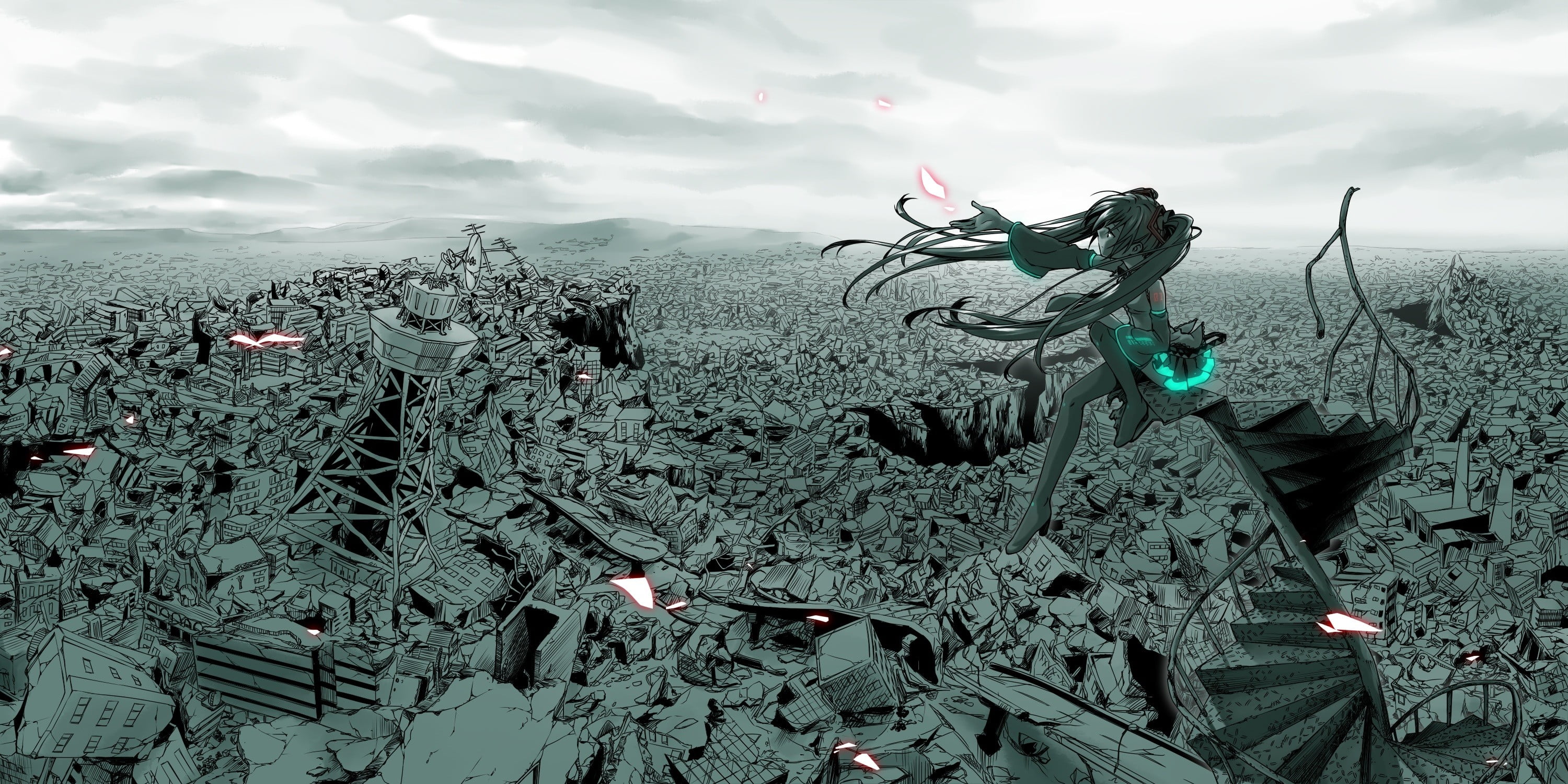environment, tranquility, outdoors, water, no people, cloud - sky, ruin, beach, 2K, anime girls, Hatsune Miku, nature, sky, anime, beauty in nature, high angle view, HD Wallpaper