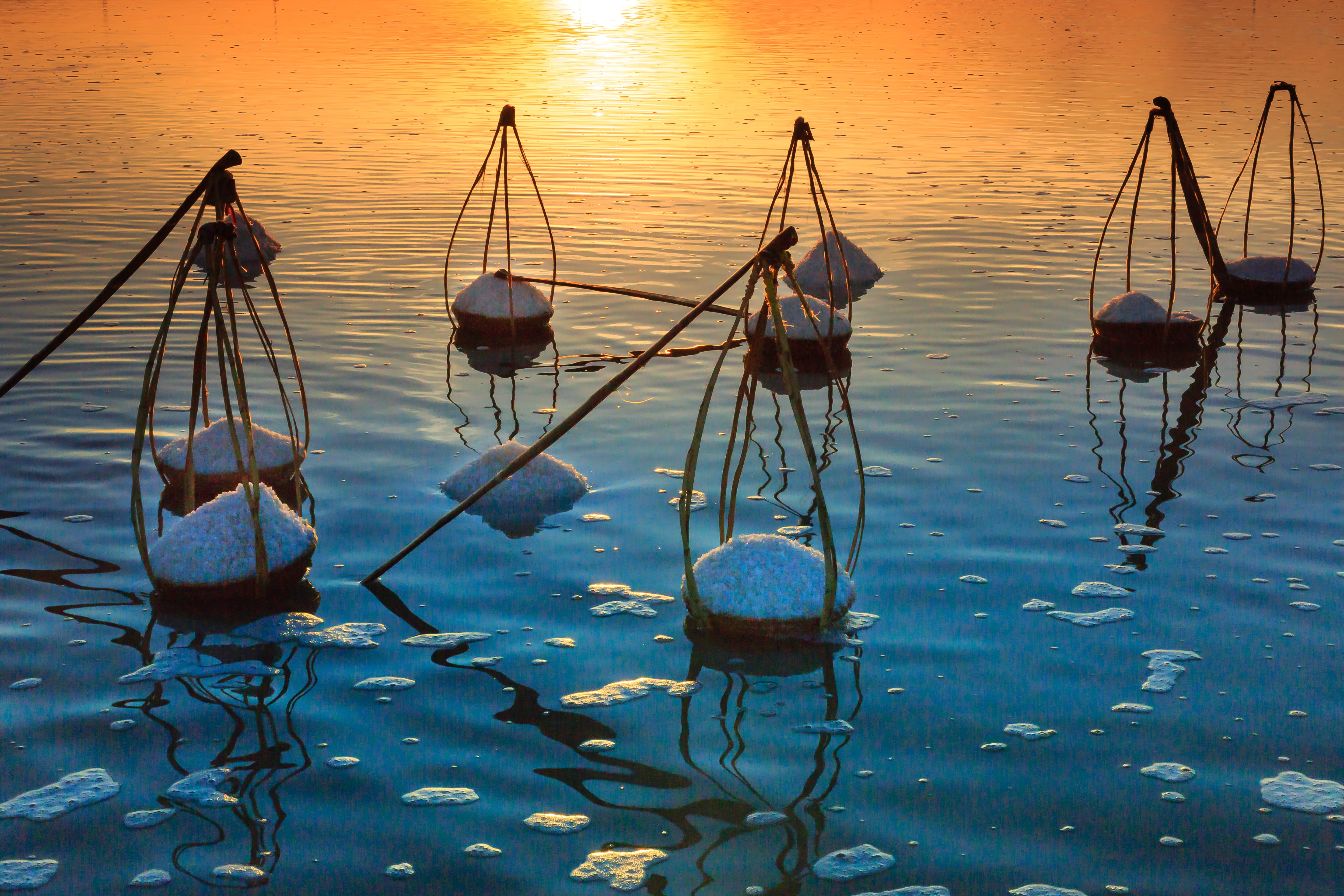 sunlight, cone, nautical vessel, province, industrial, no people, fishing net, water, reflect, stack, ninh thuan, the sea, sky, waterfront, the tradition, HD Wallpaper