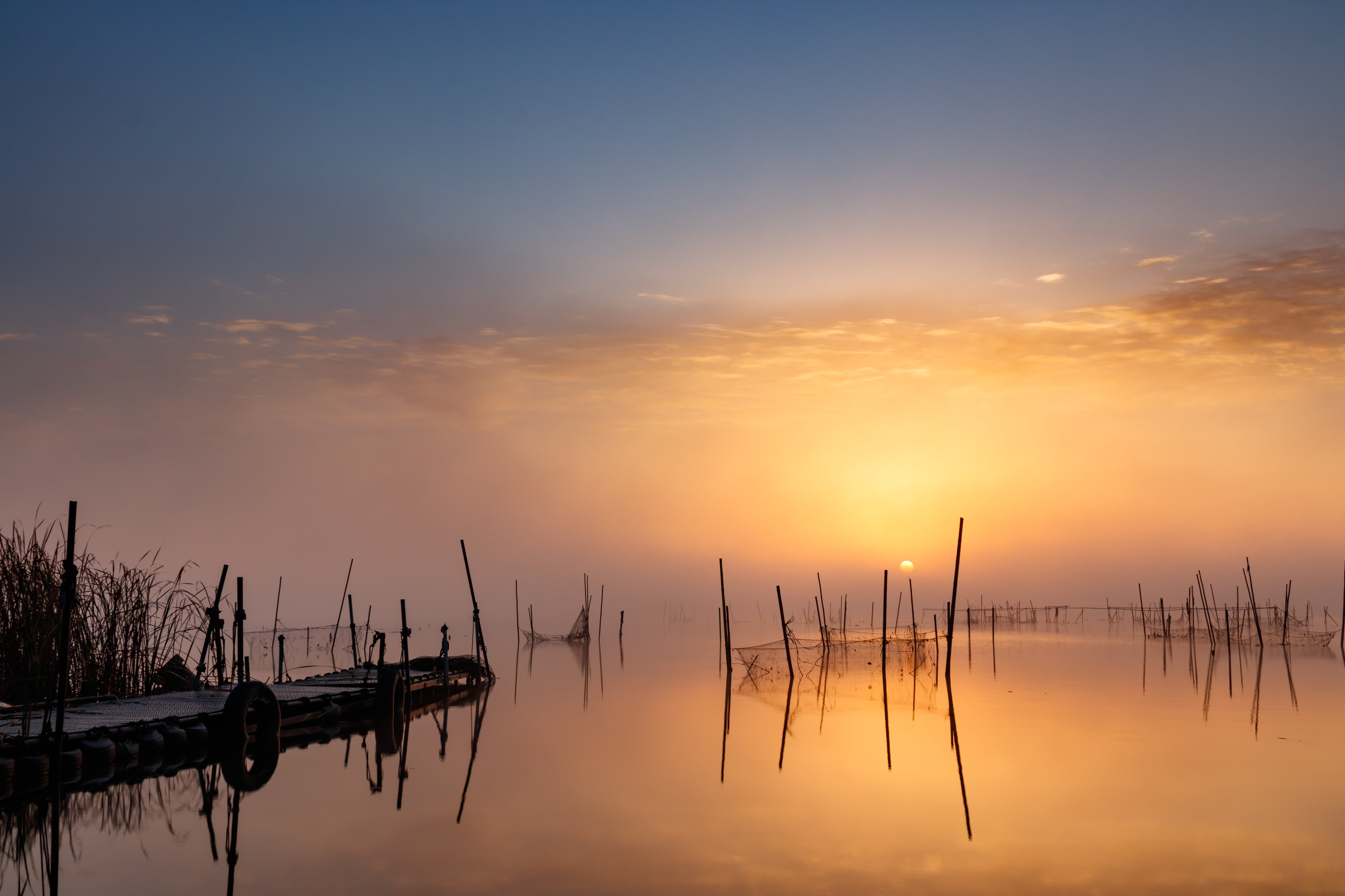 lake, non-urban scene, water, wooden post, beauty in nature, scenics - nature, sky, 5K, reflection, fishing industry, nature, sunset, idyllic, tranquil scene, HD Wallpaper