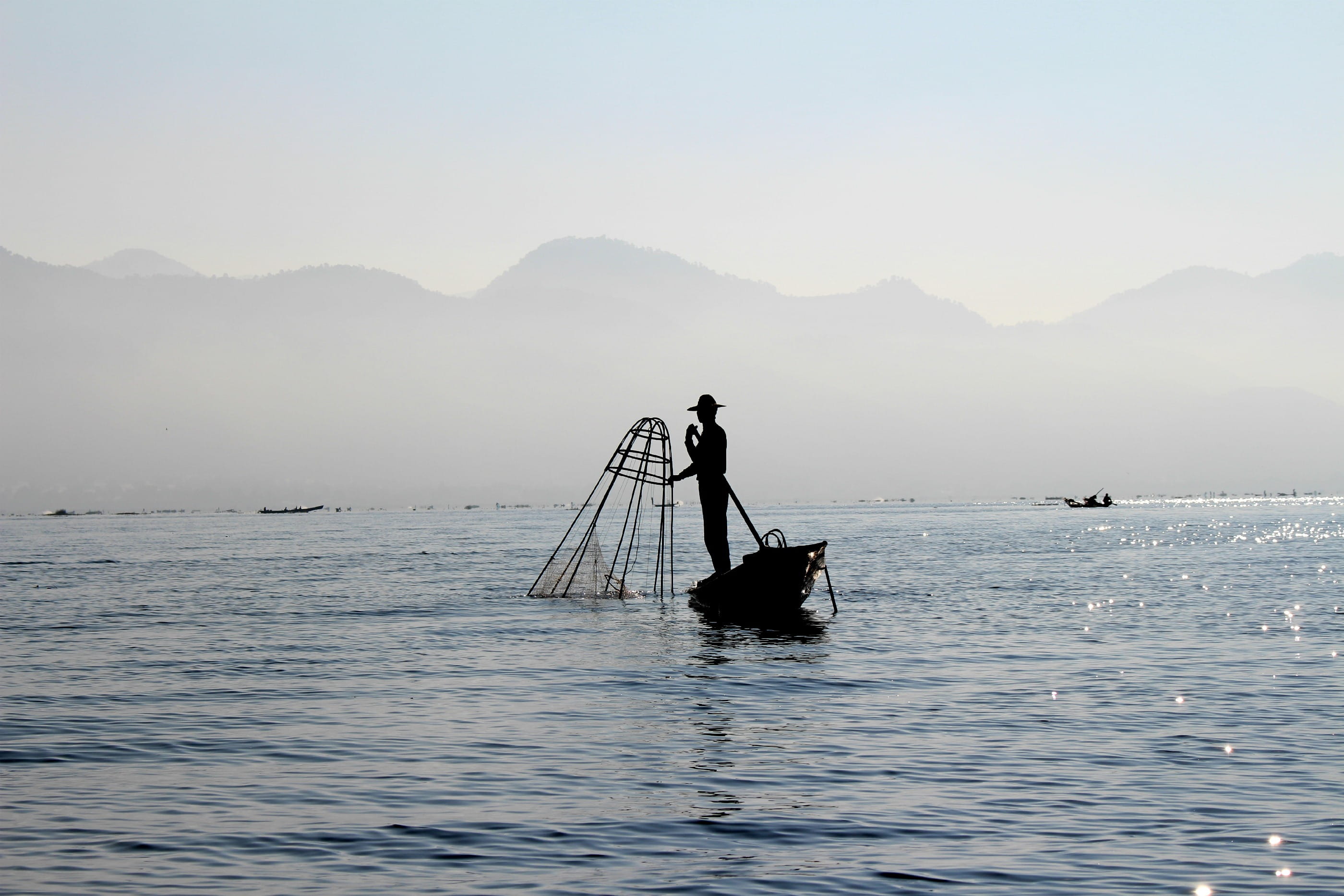 nature, occupation, man, asia, silhouette, fishing Net, beauty in nature, myanmar, 2K, floating on water, outdoors, people, boat, commercial Fishing Net, HD Wallpaper