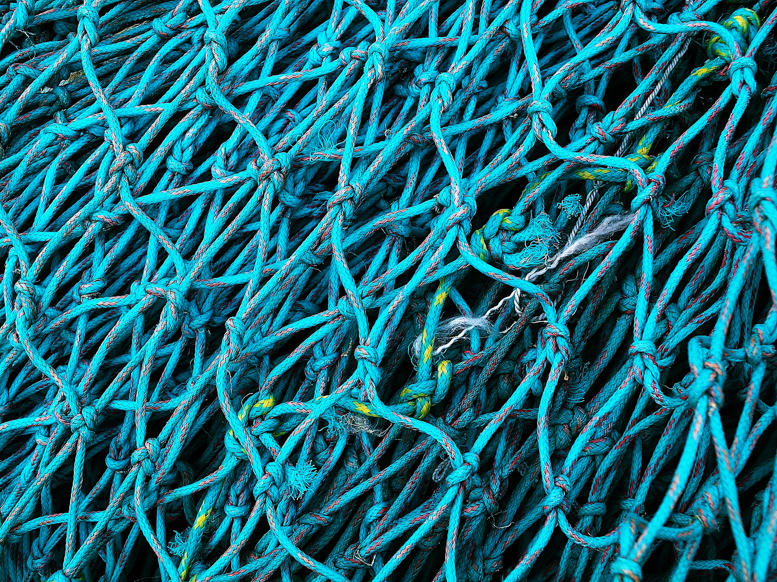 full frame, fishing tackle, still life, commercial fishing net, 2K, tangled, connection, textures and patterns, turquoise colored, pattern, large group of objects, HD Wallpaper