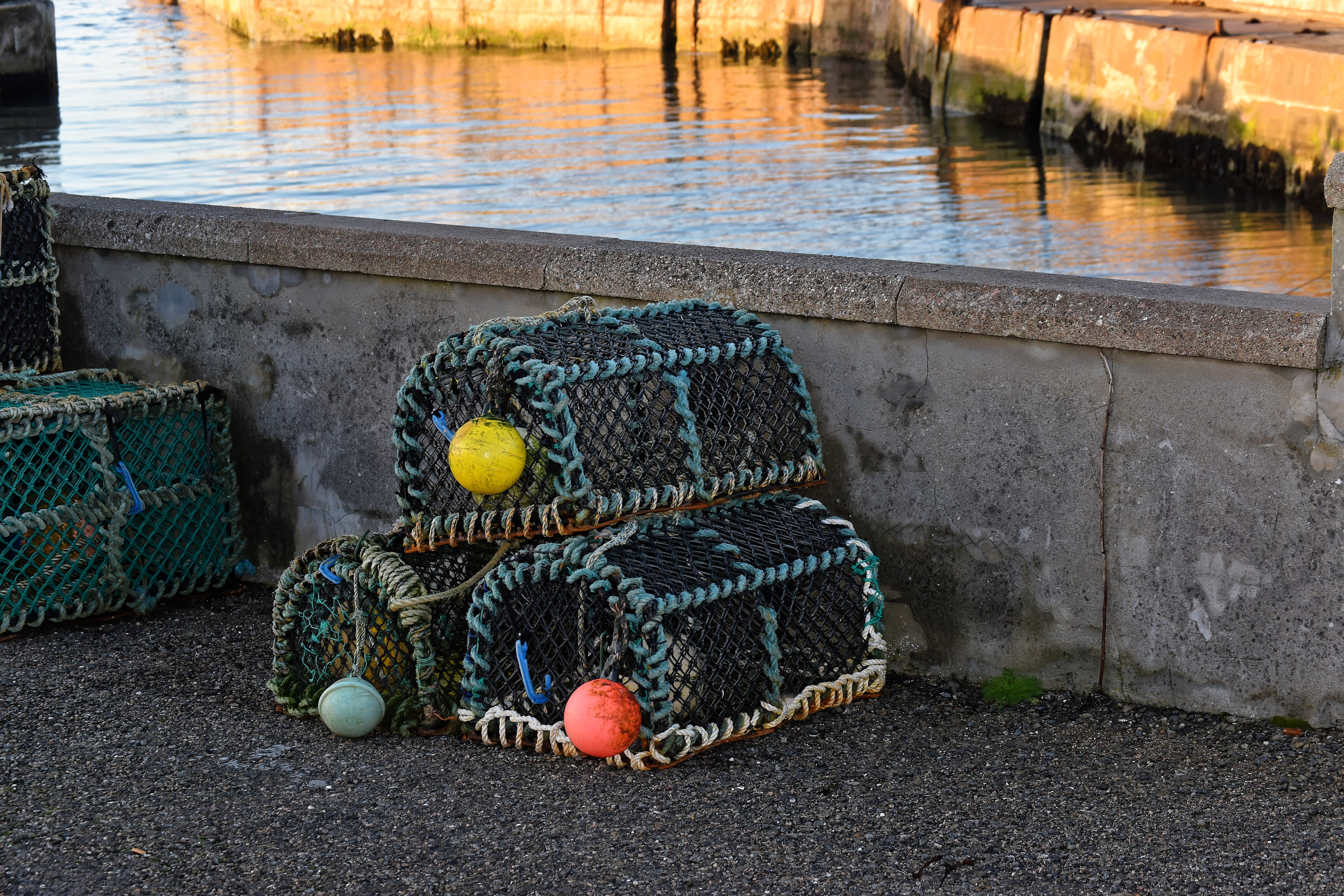 ball, sea, outdoors, no people, harbor, basket, fishing rod, yellow, water, tied up, rod, commercial, lobster, buoy, nylon, net, equipment, fishing industry, HD Wallpaper