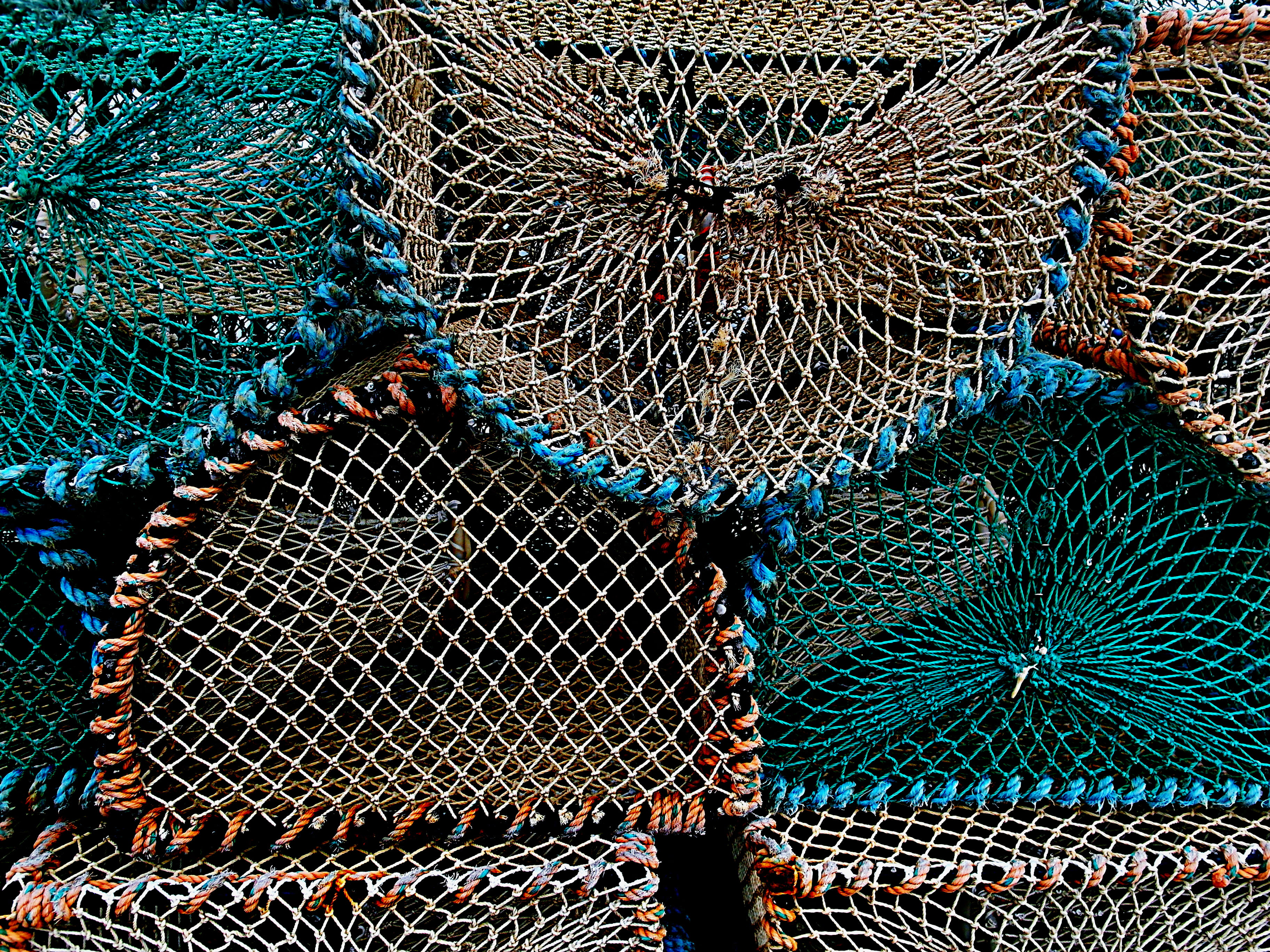 stack, still life, commercial fishing net, full frame, design, five, bags, no people, for sale, pattern, fishing industry, 2K, outdoors, blue, fishing net, HD Wallpaper