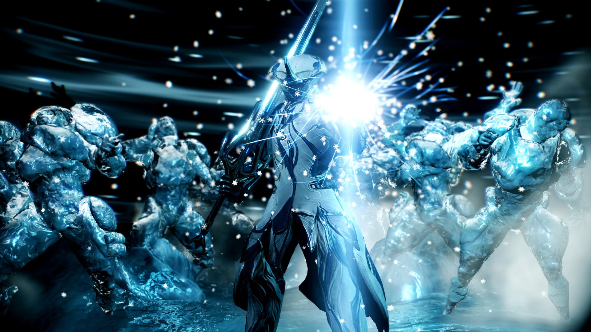 human representation, no people, blue, Frost (Warframe), swordsman, technology, close-up, white, selective focus, night, Warframe, indoors, lighting equipment, HD Wallpaper