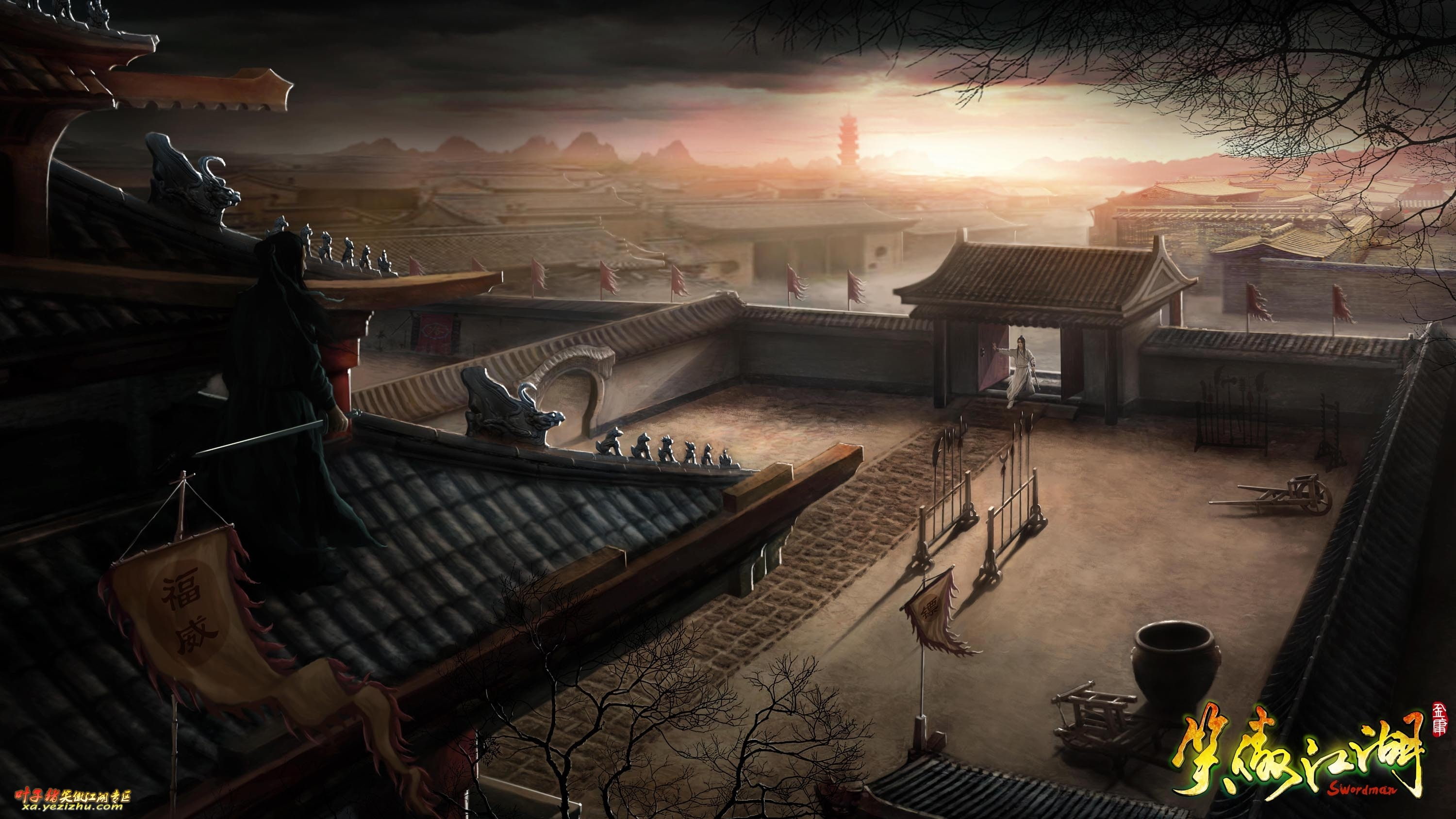 Asian, place of worship, warrior, castle, built structure, action, house, railing, seat, mmo, swordsman, hero, 2K, building exterior, Fighting, Heroes, HD Wallpaper