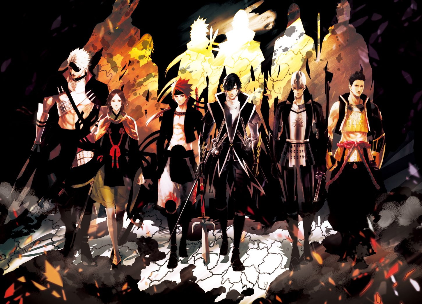 hika, basara, (nanathuika), 720P, mouri, eyepatch, tokugawa, anime, weapon, male, motonari, sengoku, masamune, ieyasu, date, sword, yukimura, sanada, mitsunari, HD Wallpaper