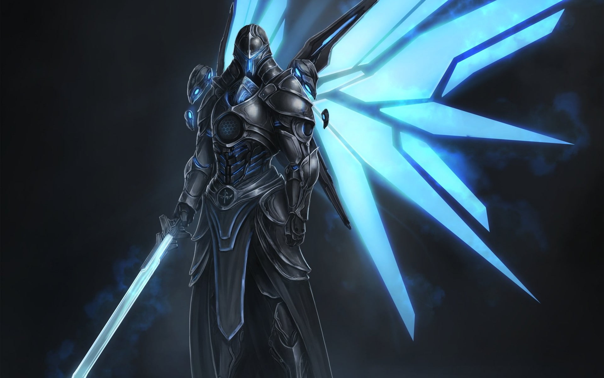 digital art, wingsuit, futuristic armor, armor, warrior, sword, 1080P, wings, robot, HD Wallpaper
