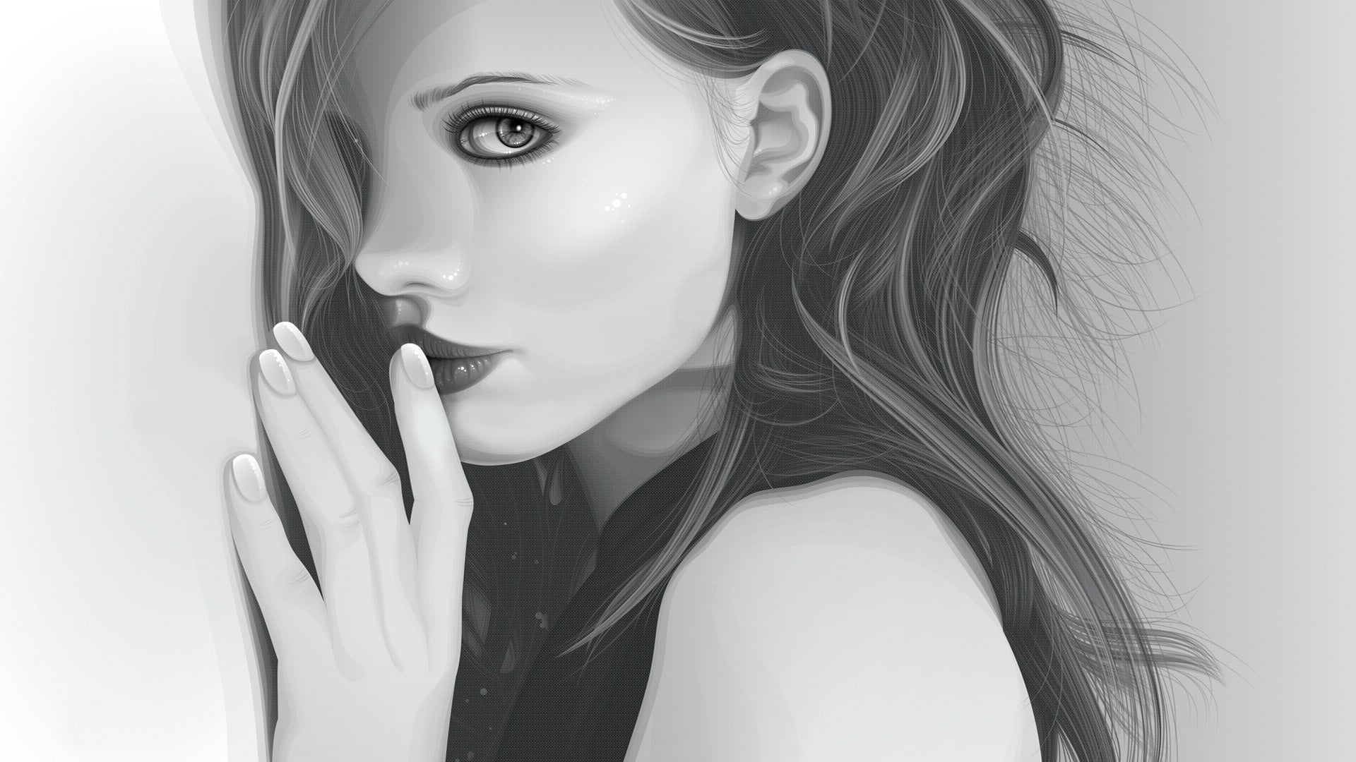 human hair, adult, white, young adult, human lips, sketch, hairstyle, monochrome, woman, fashion, Kate Beckinsale, black, hair, long hair, hair  , women, HD Wallpaper