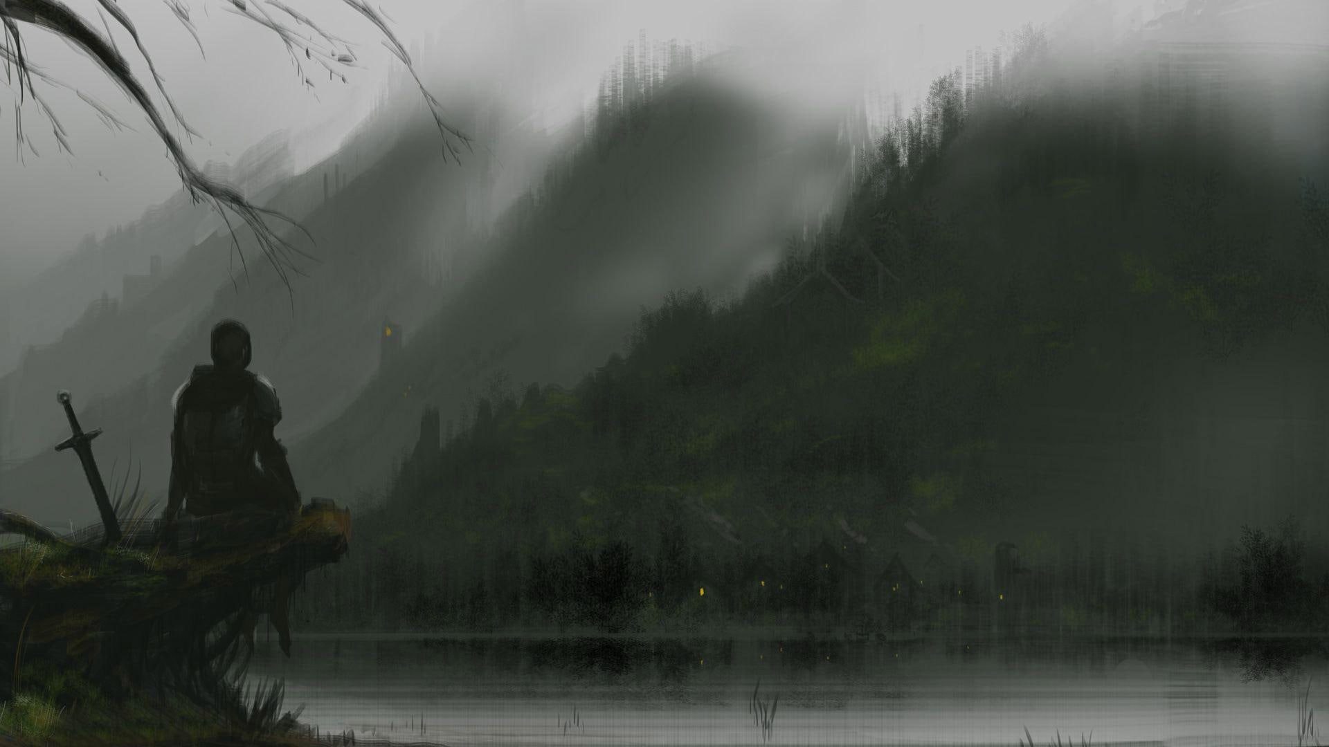 silhouette, mountain, fantasy, knight, 1080P, sword, 1920x1080, swordsman, medieval, illustration, lake, HD Wallpaper