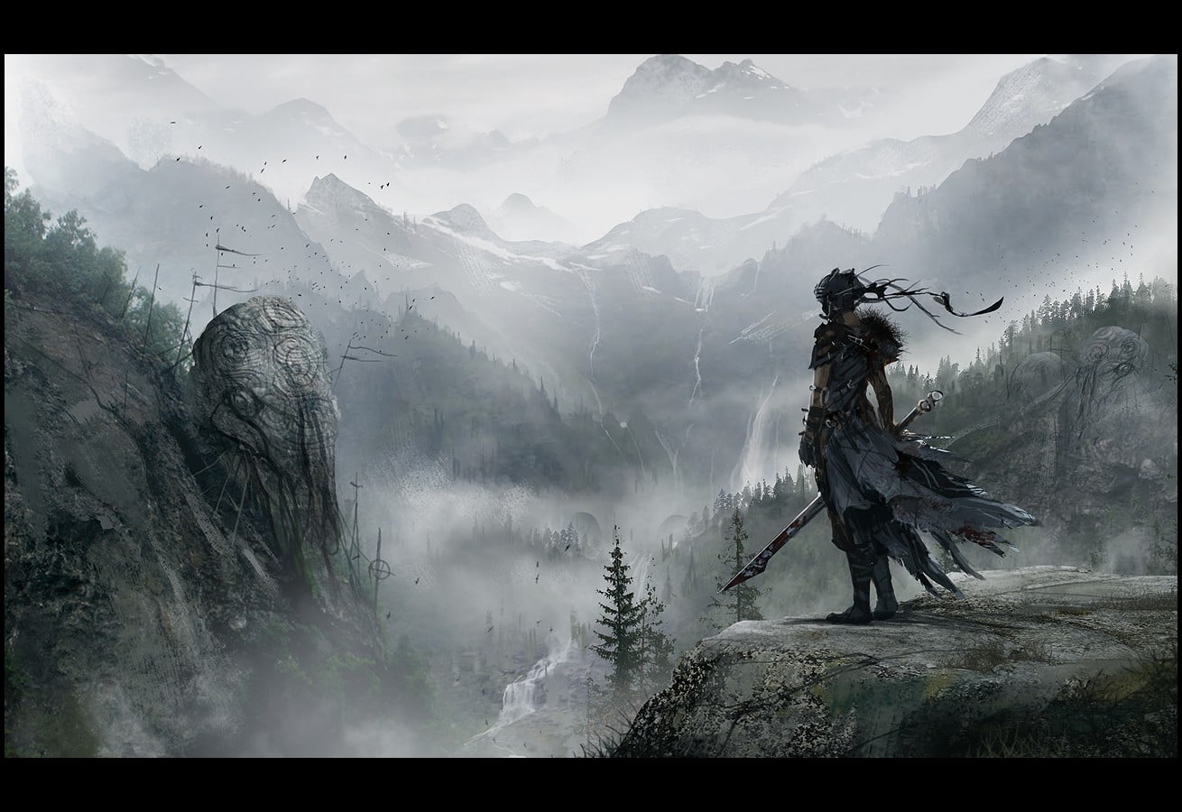 sword, Hellblade, non-urban scene, illustration, tranquility, holding, sky, auto post production filter, human arm, character, outdoors, transfer print, HD Wallpaper