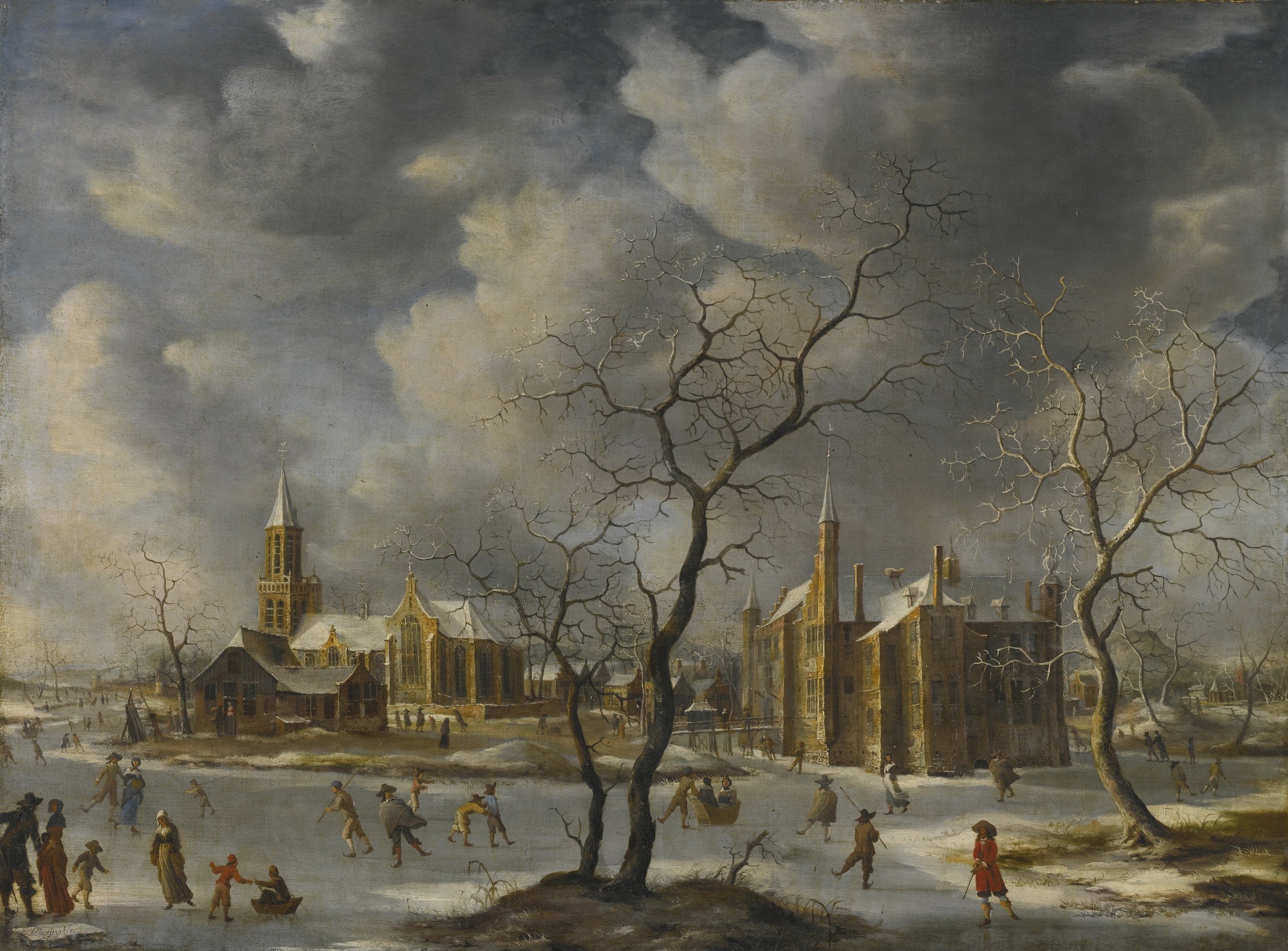 illustration, near, day, water, men, buildings, anthony beerstraten, city, frozen, outside, lake, ice, artistry, oil on canvas, real people, tree, cloud - sky, HD Wallpaper
