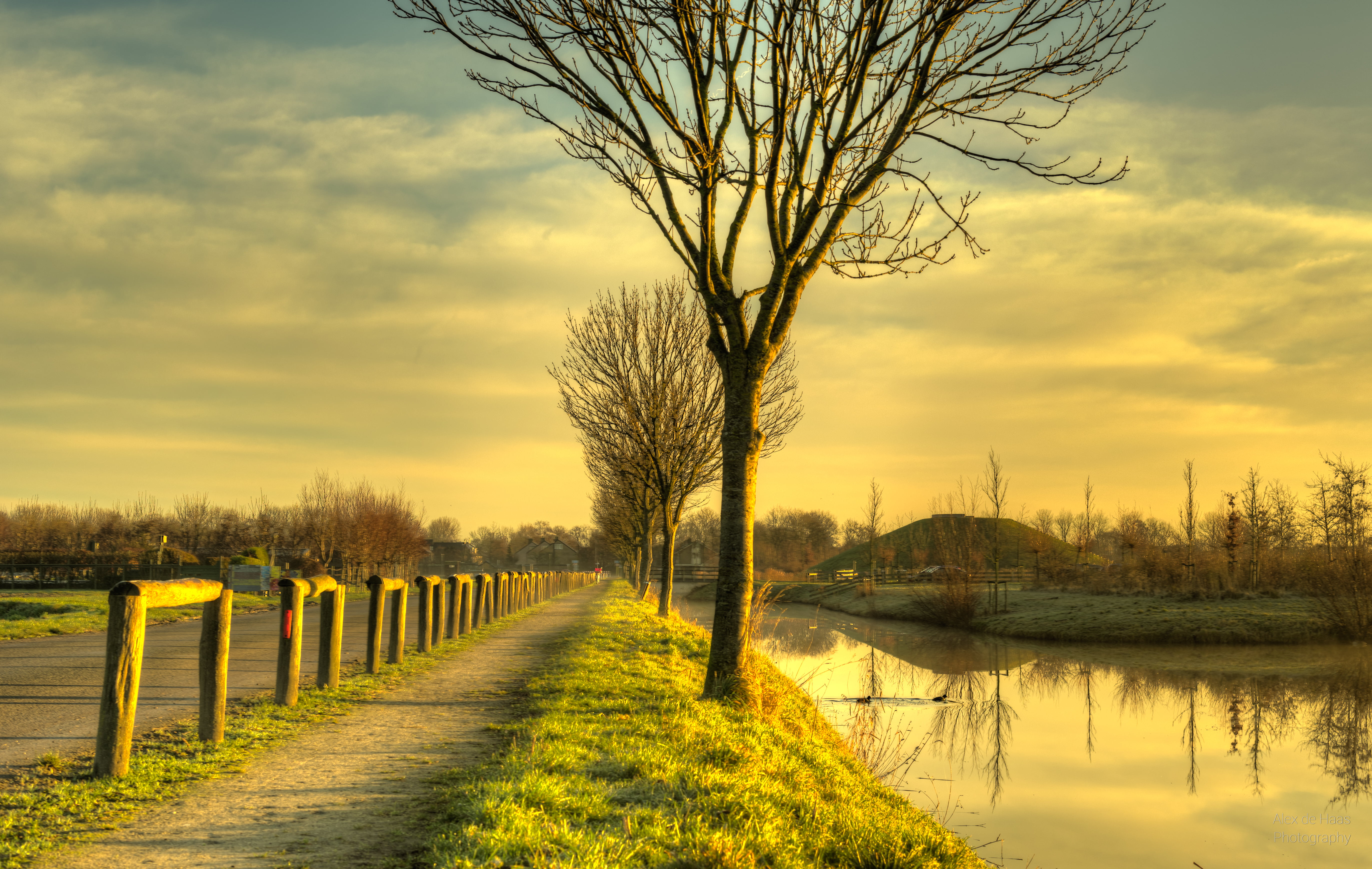 Netherlands, sky, water, brown, river, tree, West-Friesland, rural Scene, 5K, cloudy, Rows, near, reflection, beauty, skies, high dynamic range, licht, HD Wallpaper