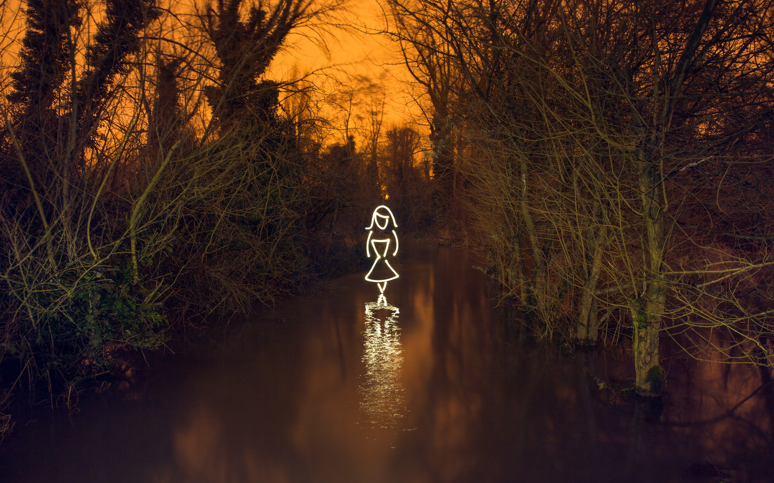 painting, hd, leafless, night, nature, light, river, 2K, trees, HD Wallpaper