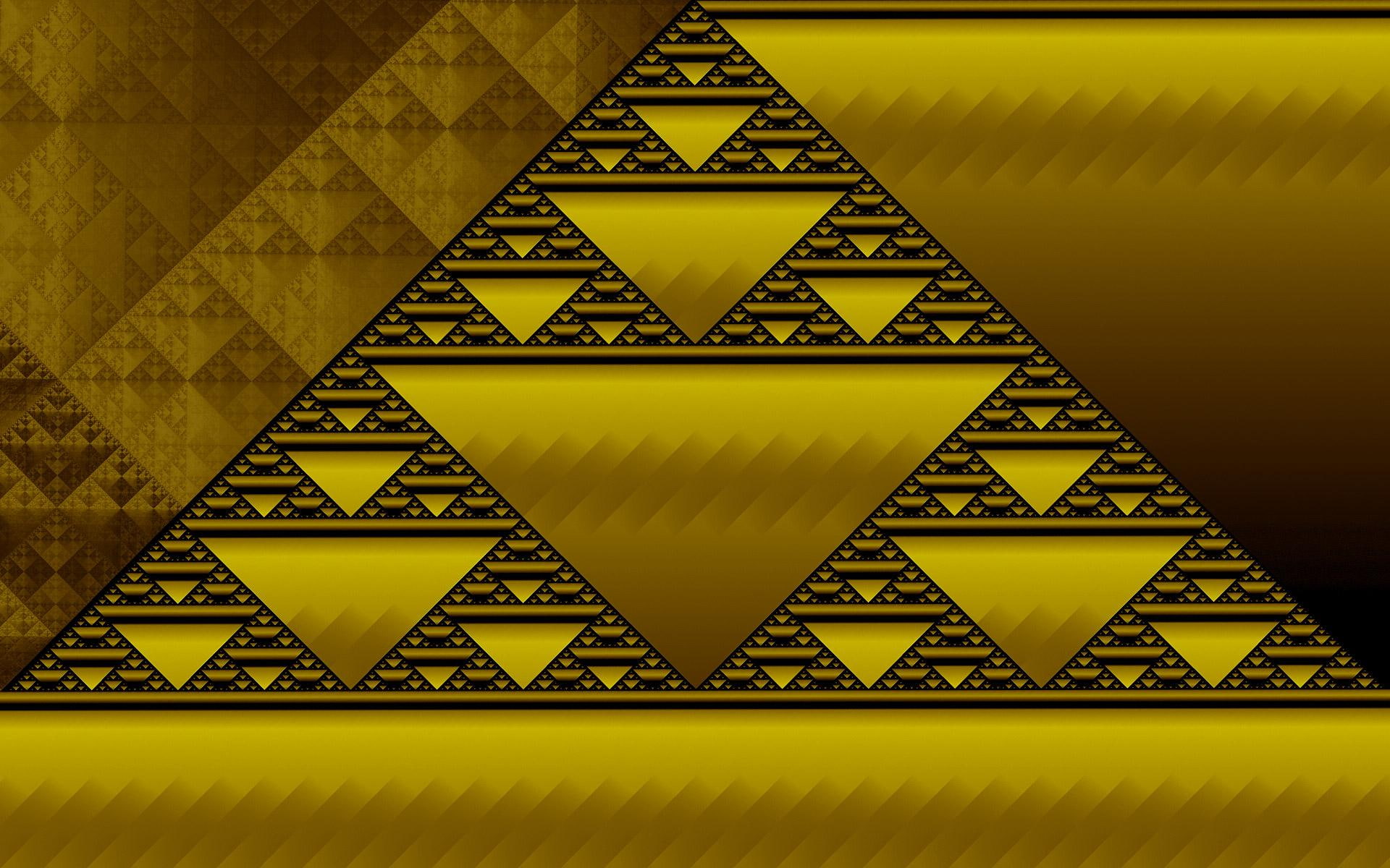 illustration, triangle, pattern, fractals, 3d and abstract, brown, 1080P, texture, sierpinski, black, gold, pyramid, repeating, HD Wallpaper